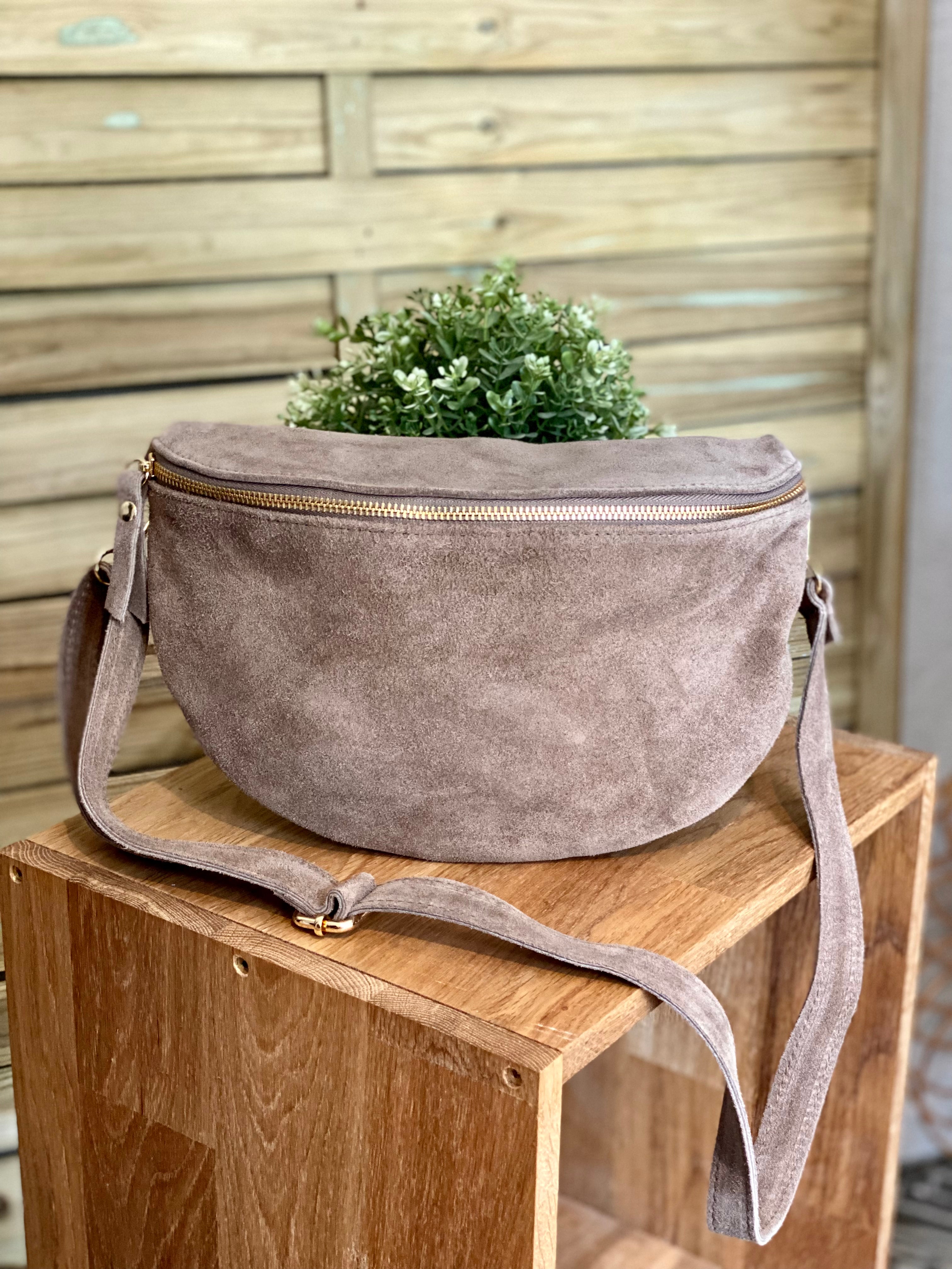 Sac banane XL en cuir velours 30cm JUDY - Taupe (7 coloris)