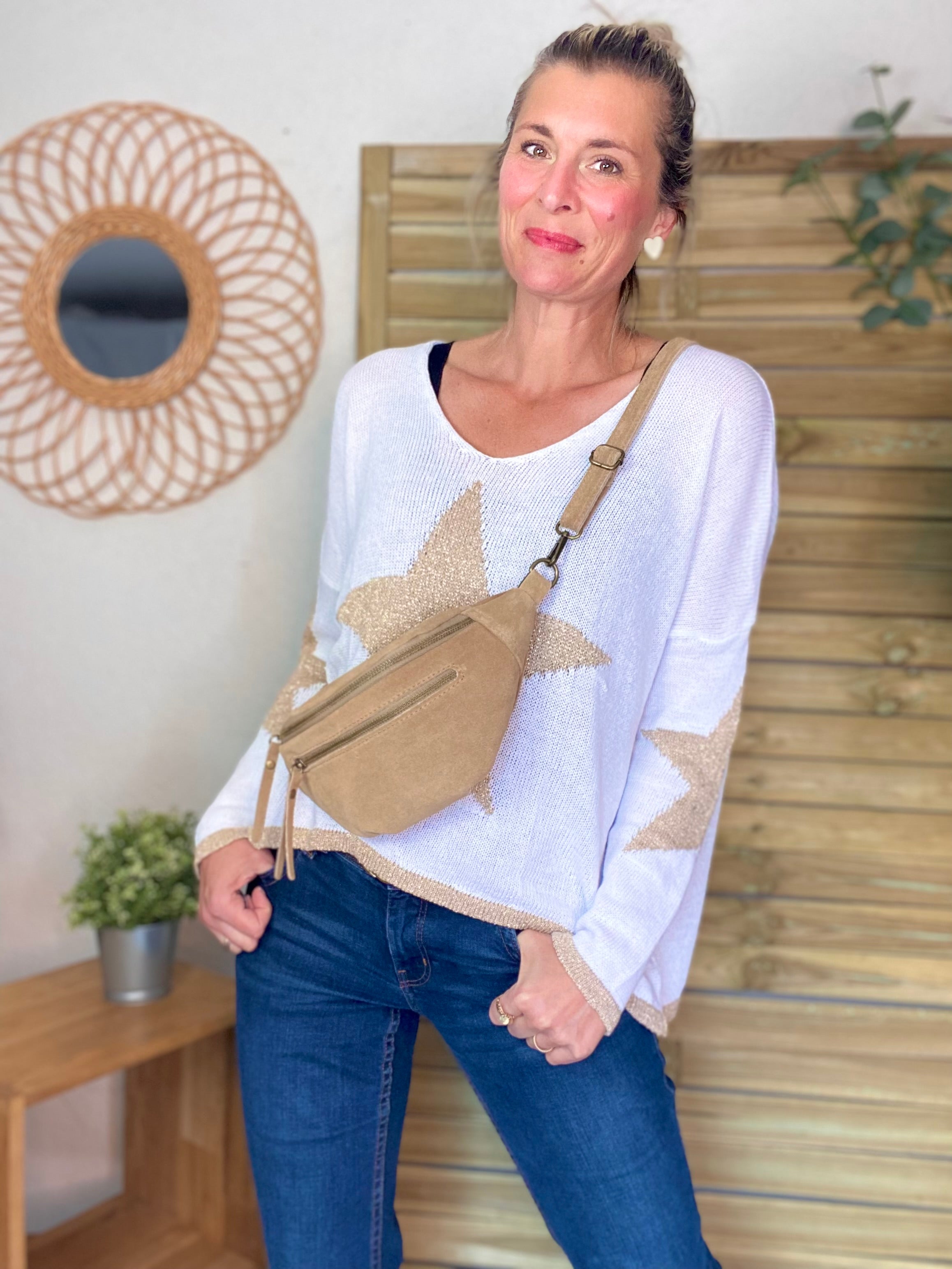 Sac banane double poche en cuir daim - OPALINE - Beige Taupe clair (Tan)