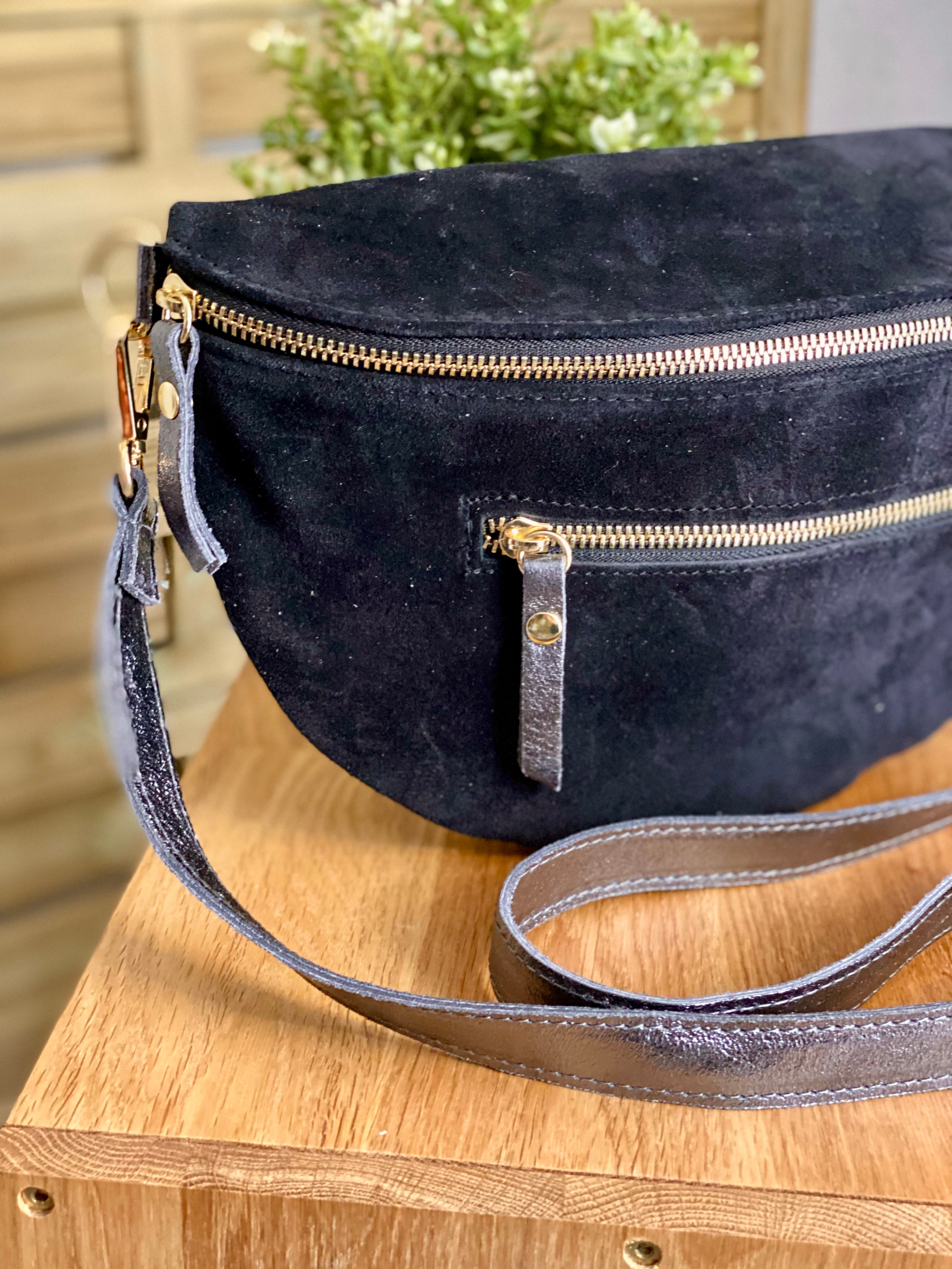 Sac banane XL 2 zips en cuir velours et irisé 30cm TERRY - Noir (4 coloris)