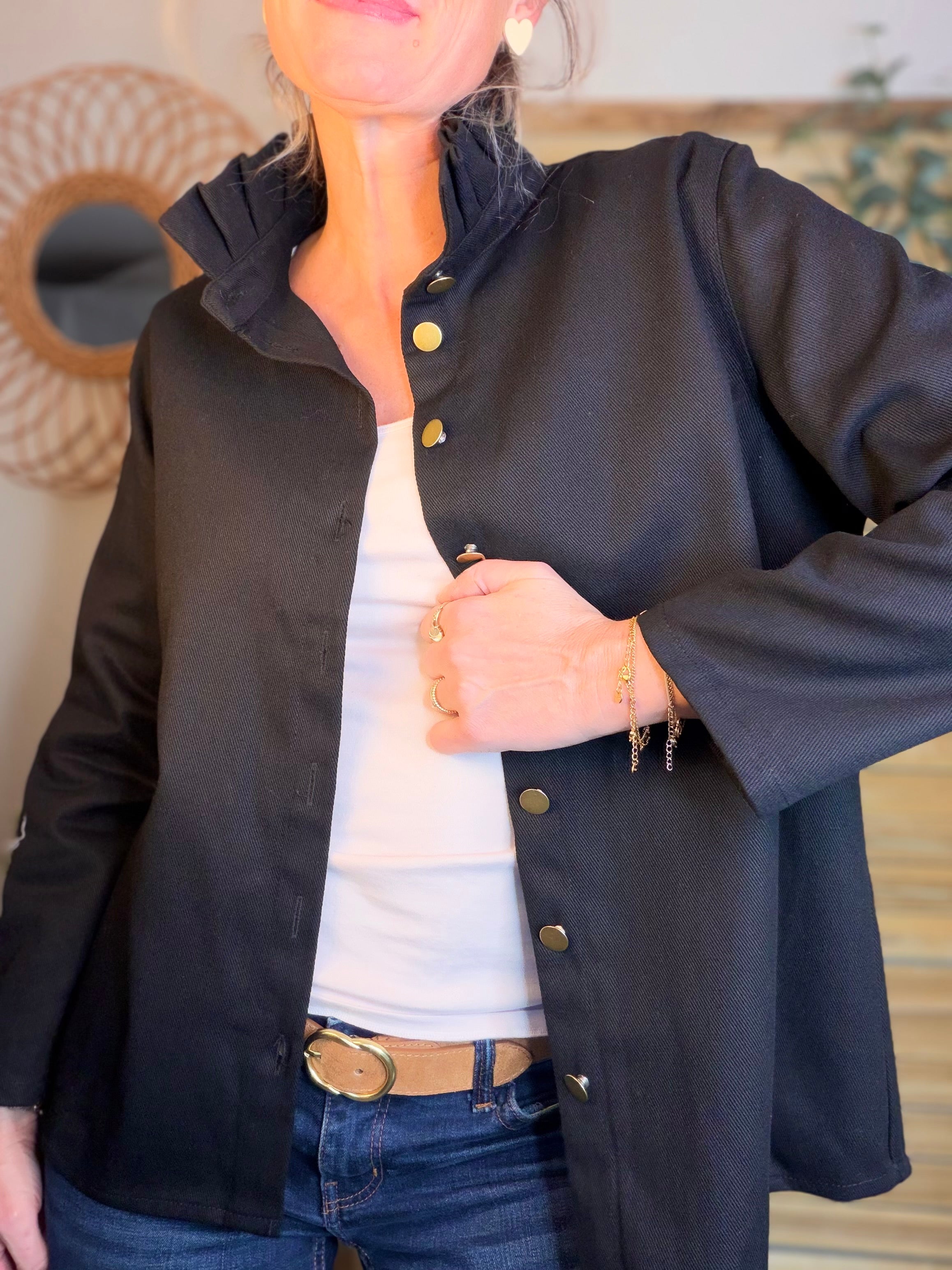 ⚡️ ARRIVAGE - Veste / Chemise en coton, col victorien volanté Beige taupe HILLARY - Noir