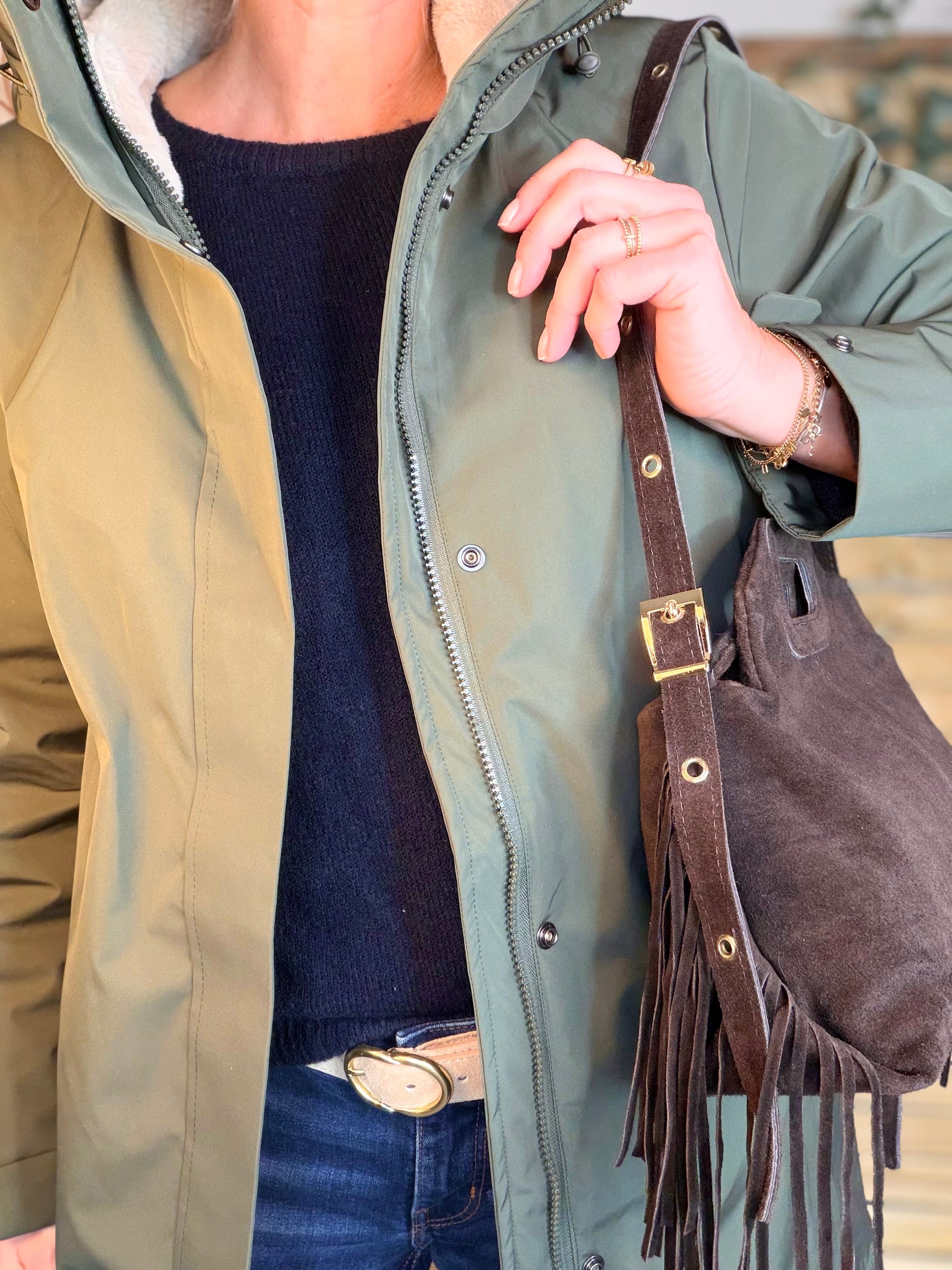 Sac en cuir daim avec franges LOGAN - Chocolat