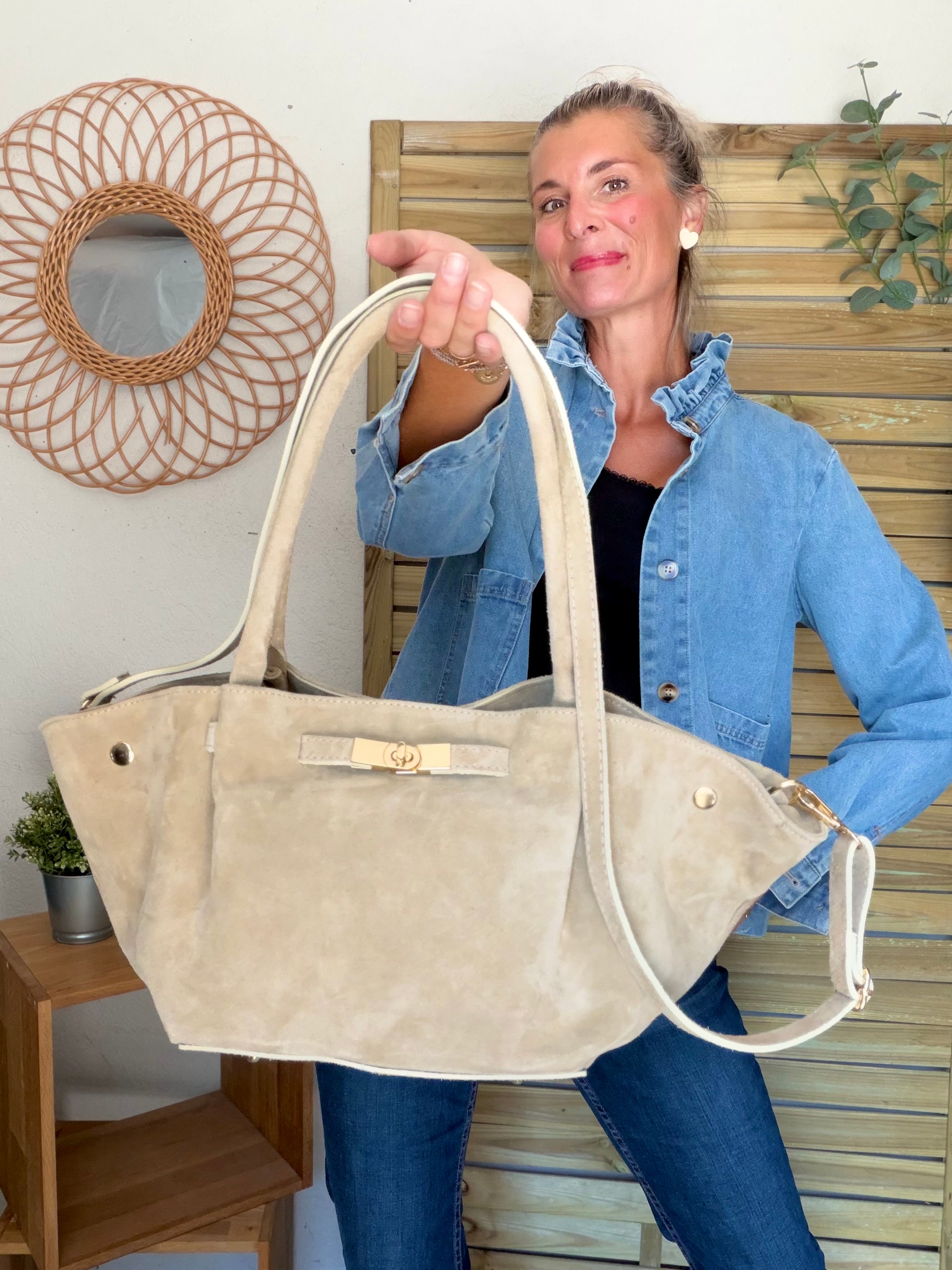 Sac cabas en cuir daim HANA - Beige