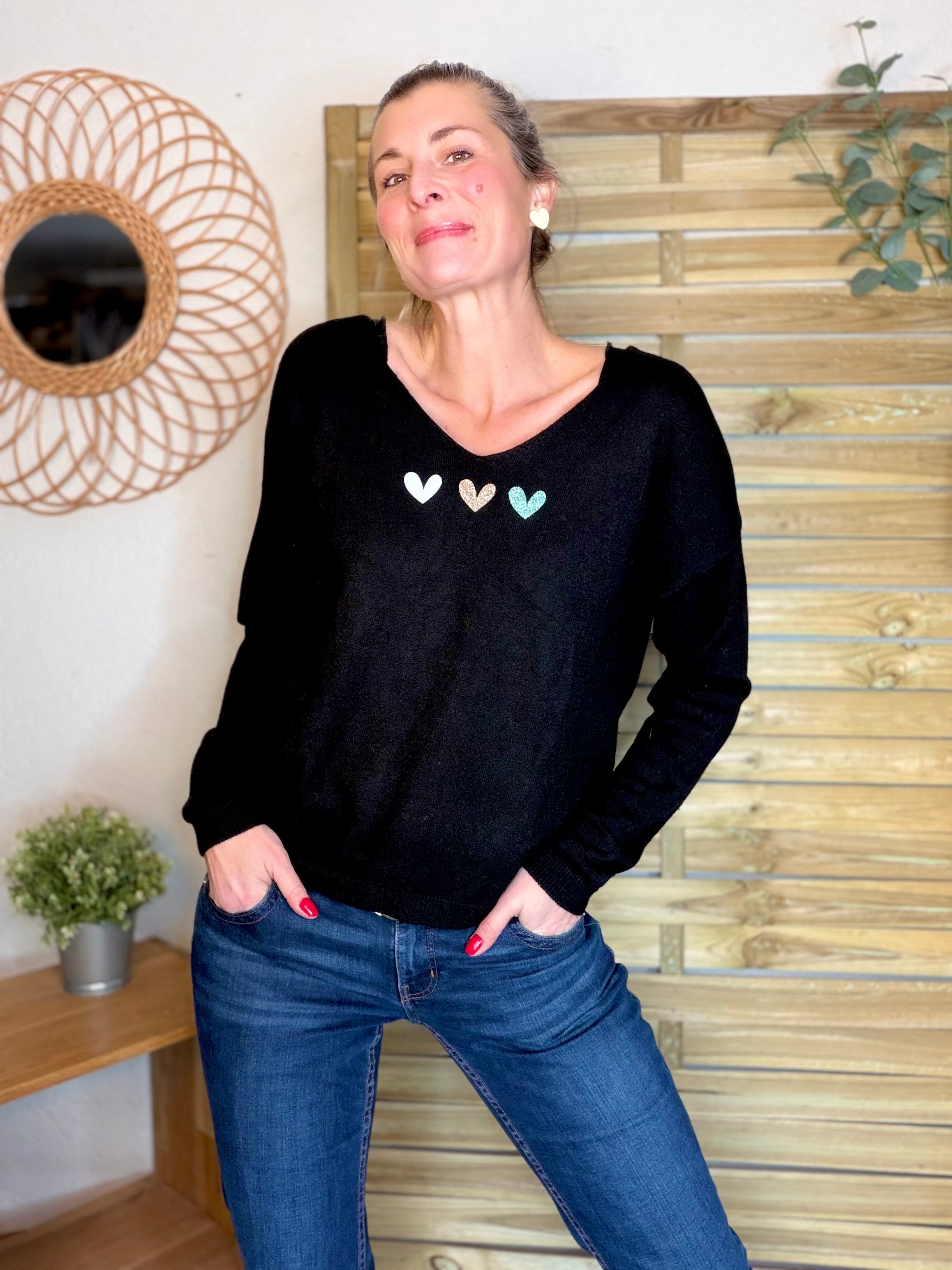 Pull fin 3 cœurs 💛 BERTILLE - Noir
