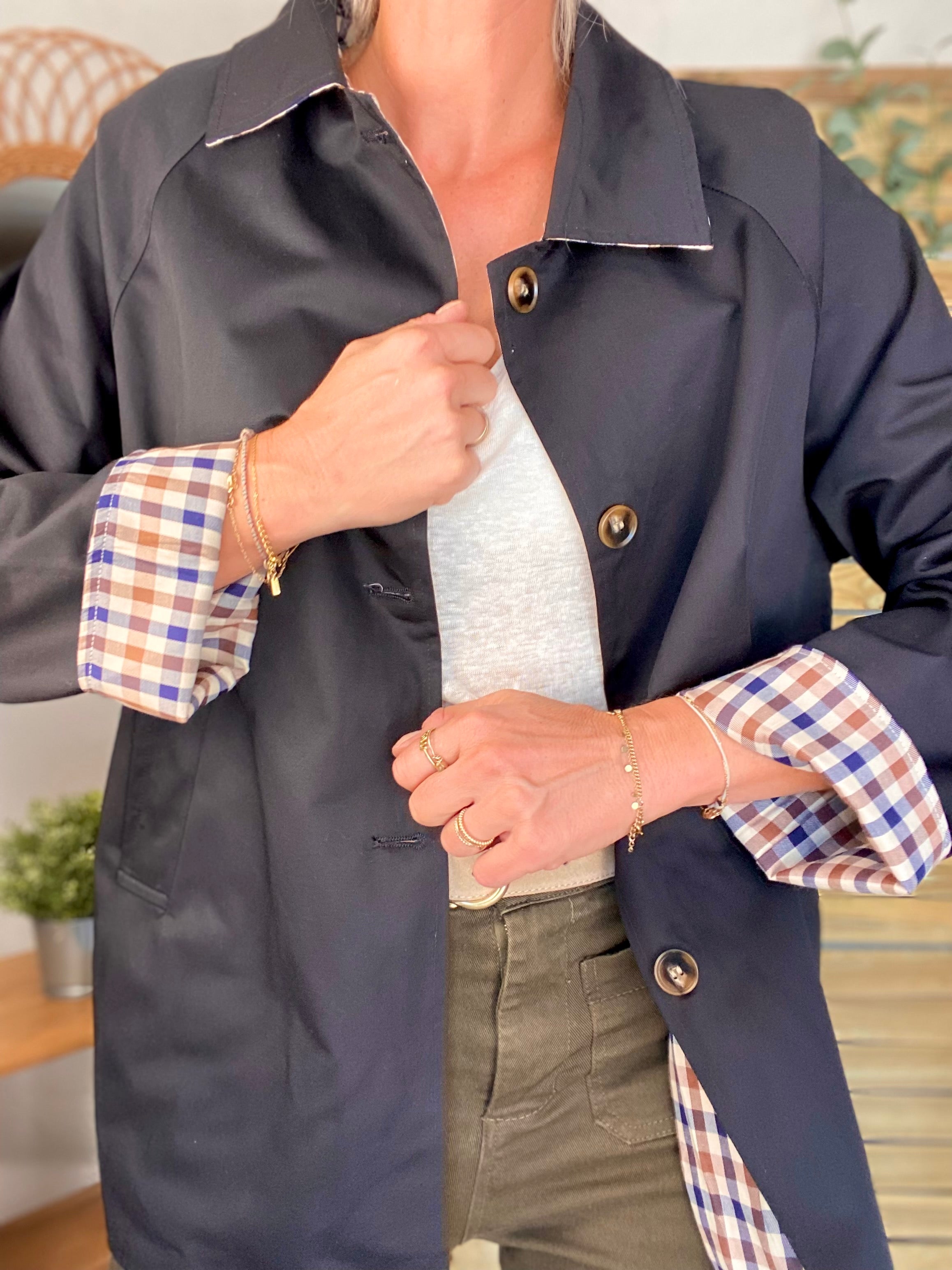 Veste Trench mi long réversible vichy LENA - Noir