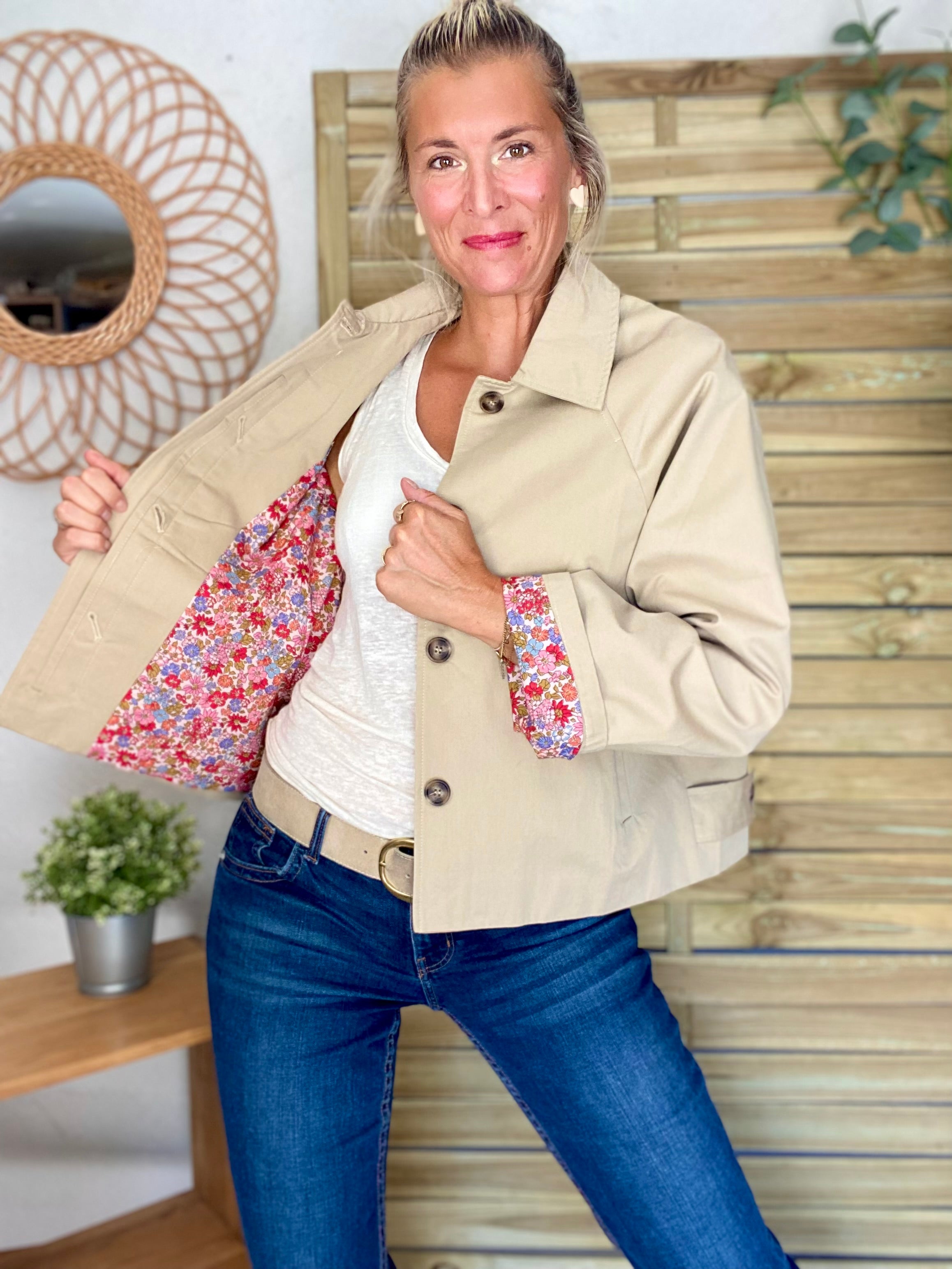 Veste Trench en coton beige avec Liberty - MAHAUT