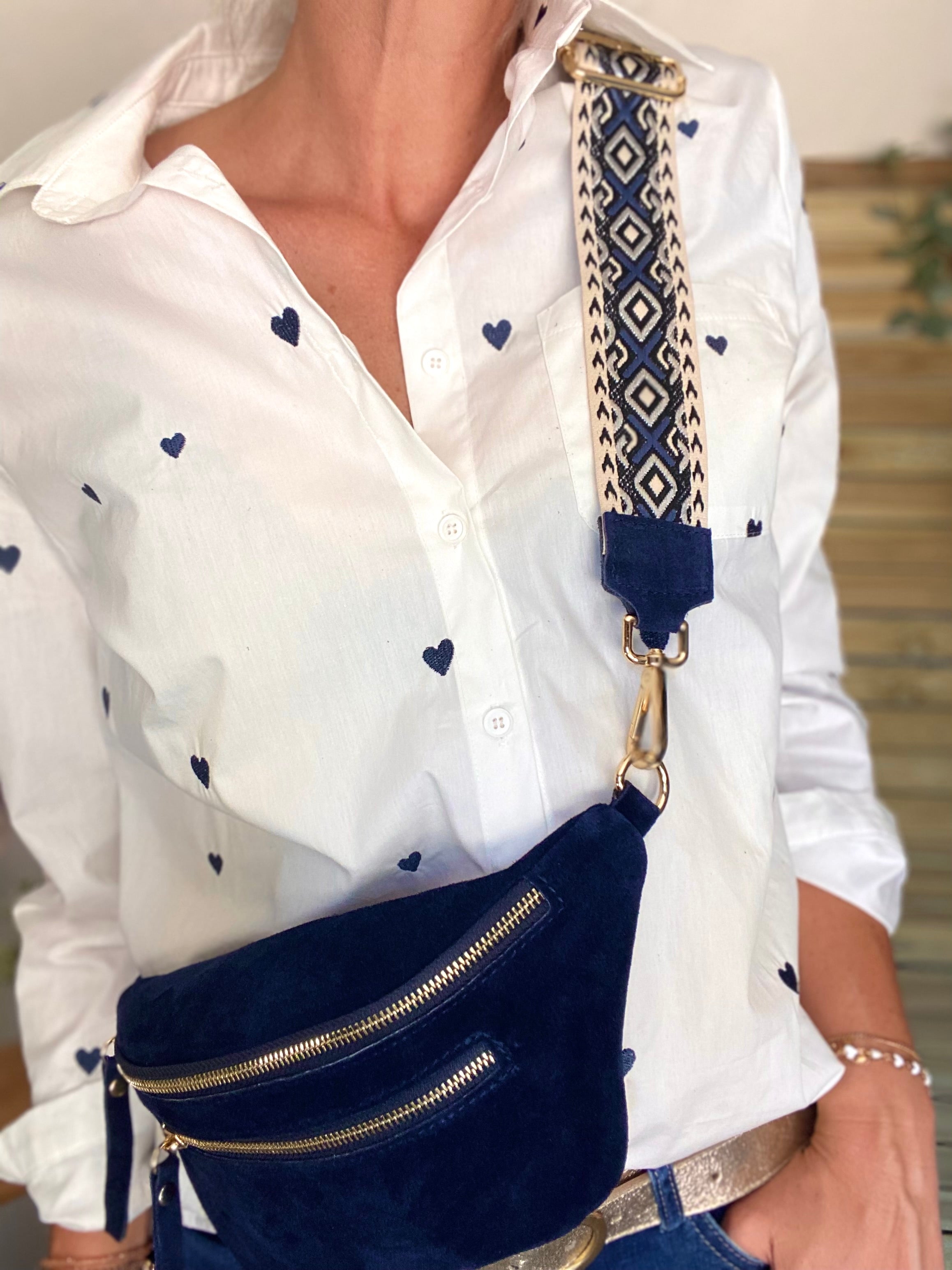 Sac banane avec poche avant, en cuir daim HOLLY - Bleu Marine