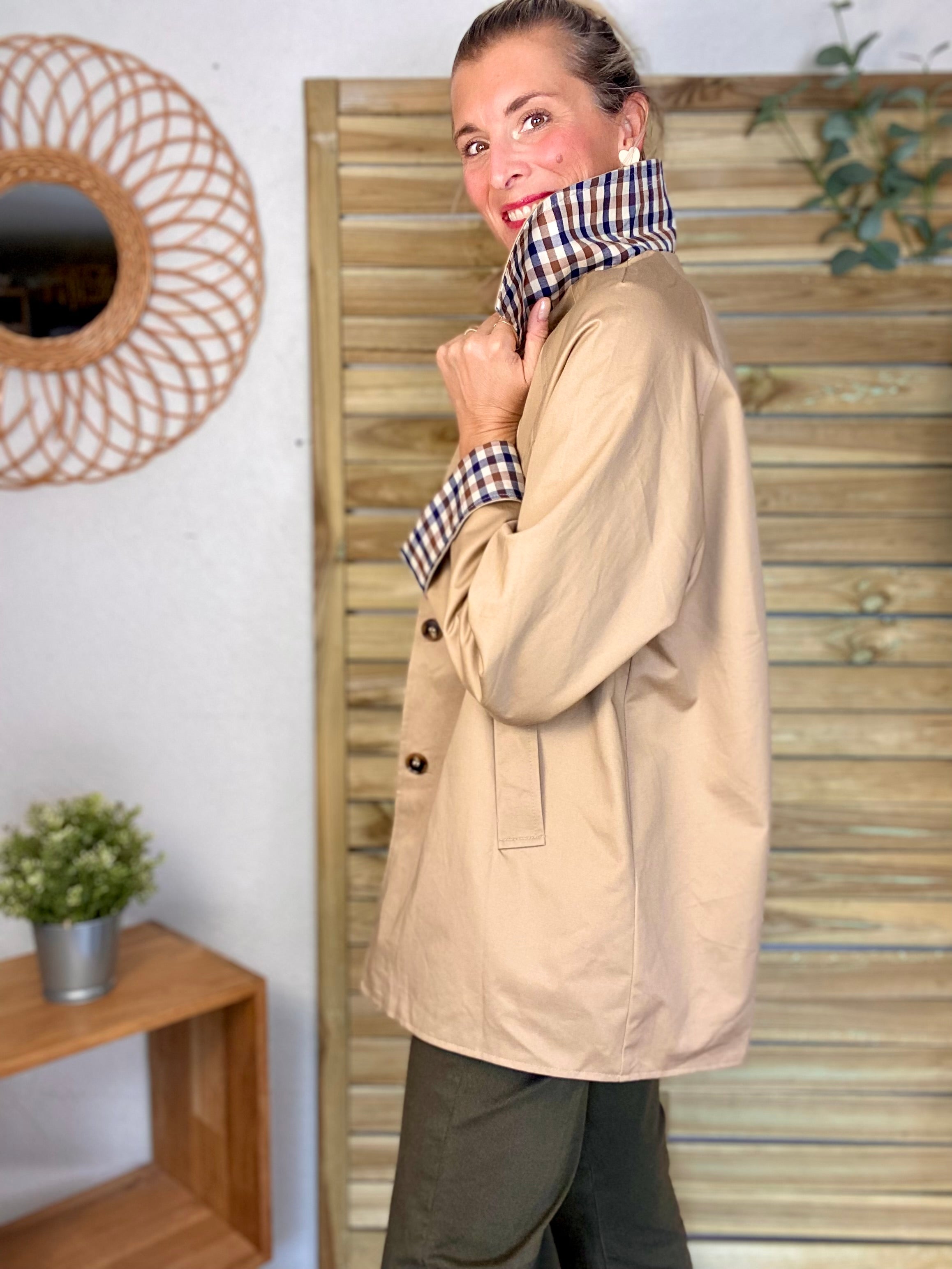Veste Trench mi long réversible vichy LENA - Camel clair