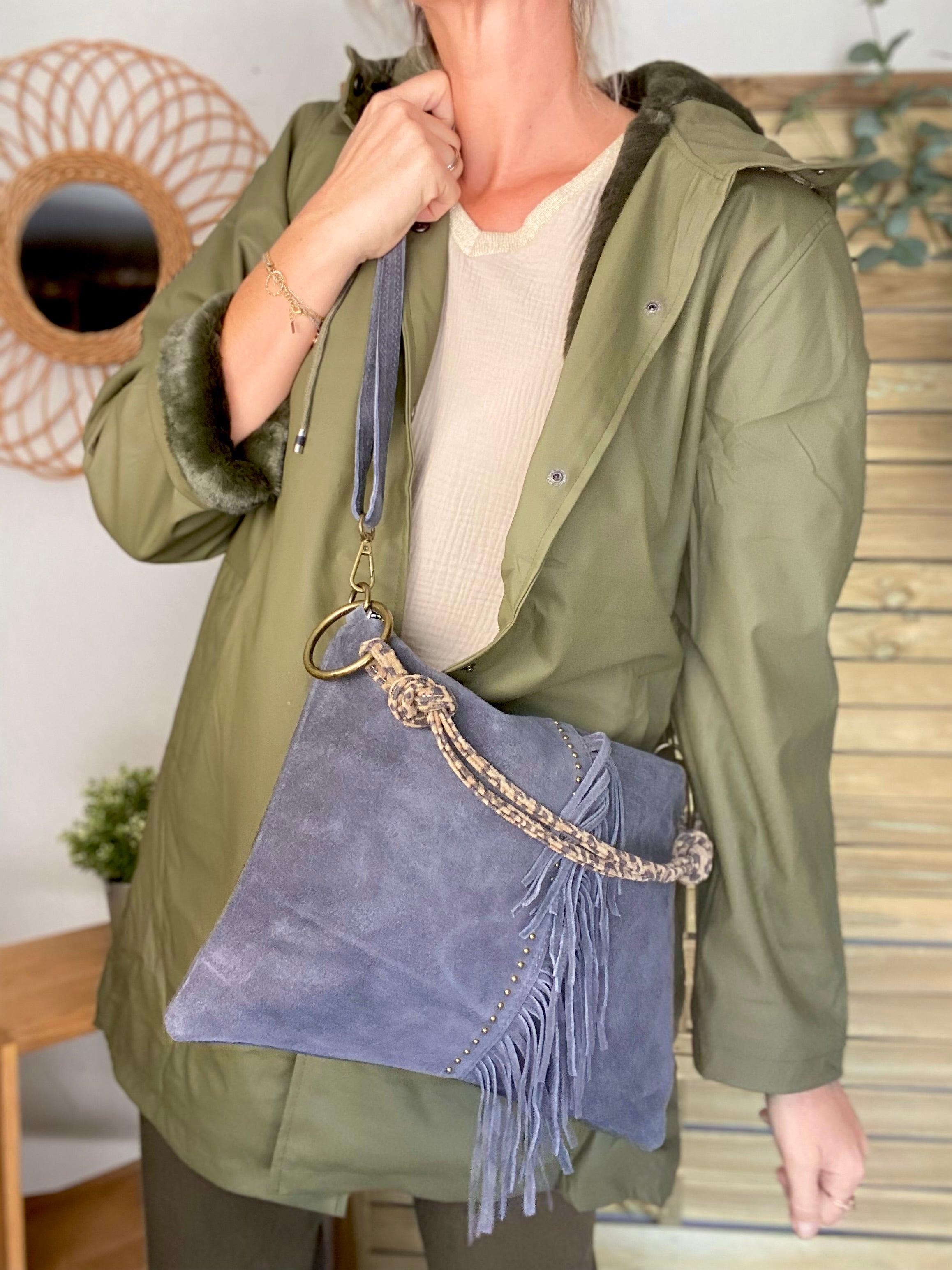 ⚡️PÉPITES FRIDAY - Sac en cuir daim 2 bandoulières (Léo et gris) - Gris foncé - BROOKLYN