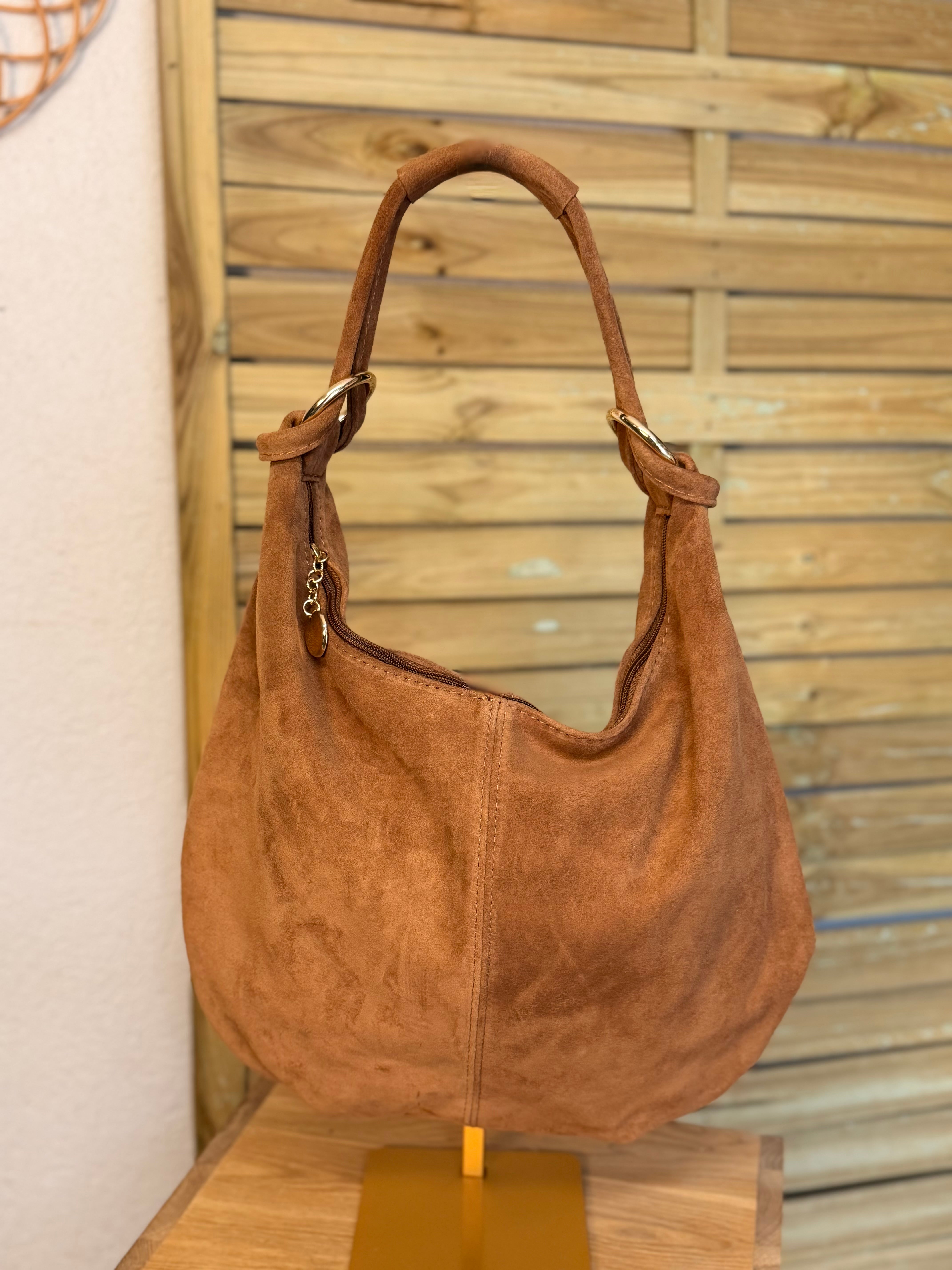 Sac besace hobo en cuir daim souple avec anneaux WILLIAM - Camel