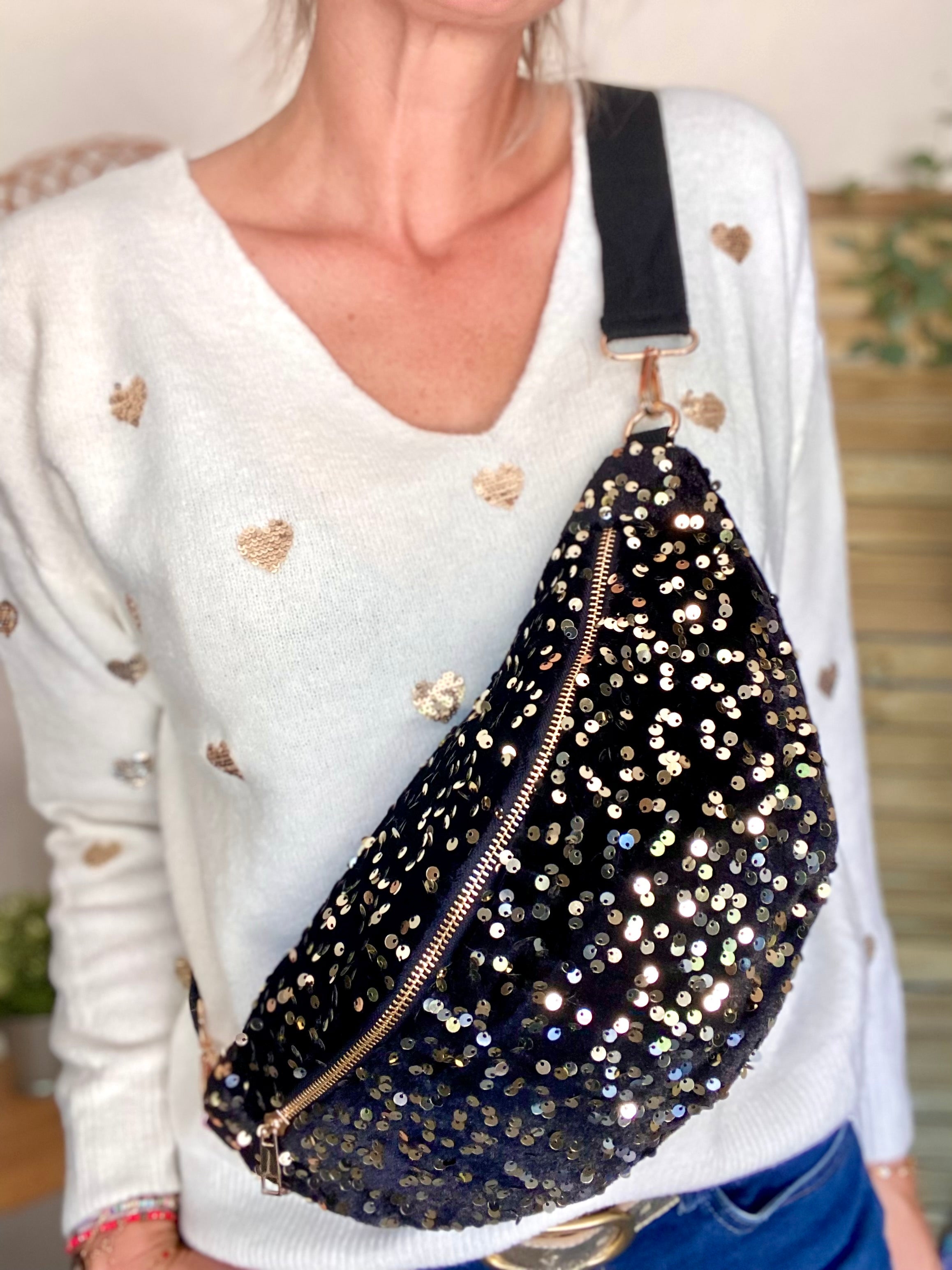 Sac banane L velours à sequins Ciao Boum - TAYLOR - Noir à sequins dorés