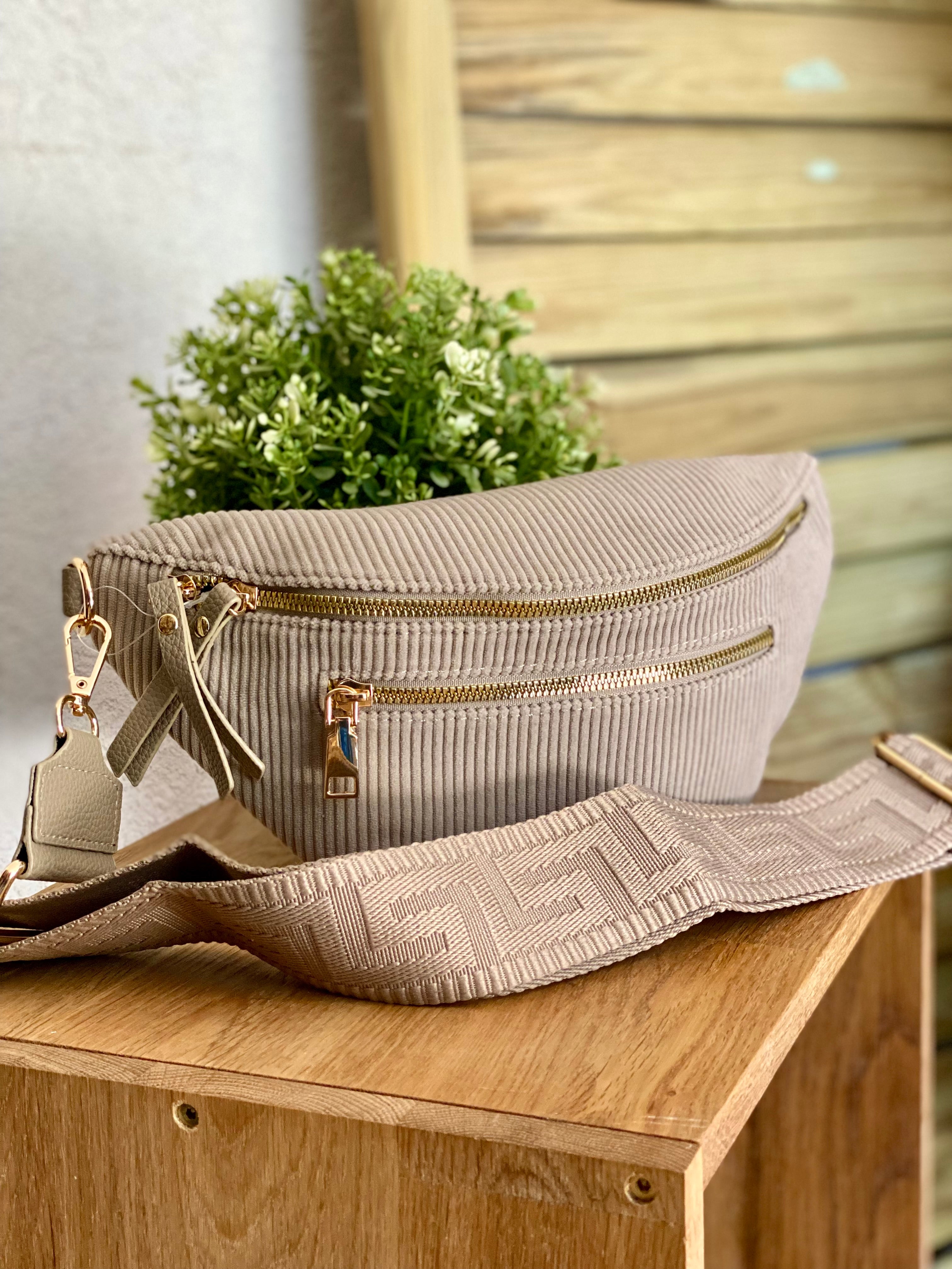 Sac banane en velours côtelé 2 zips et sangle fantaisie - CHARLY - Beige taupe (côtelé fin)