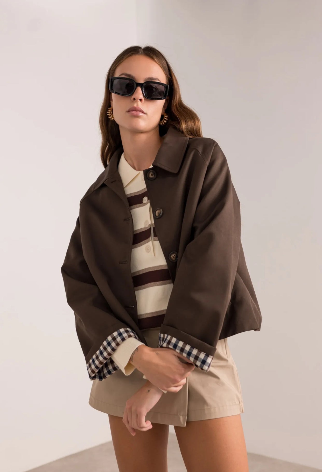 Veste Trench en coton avec vichy - YSEULT court Chocolat