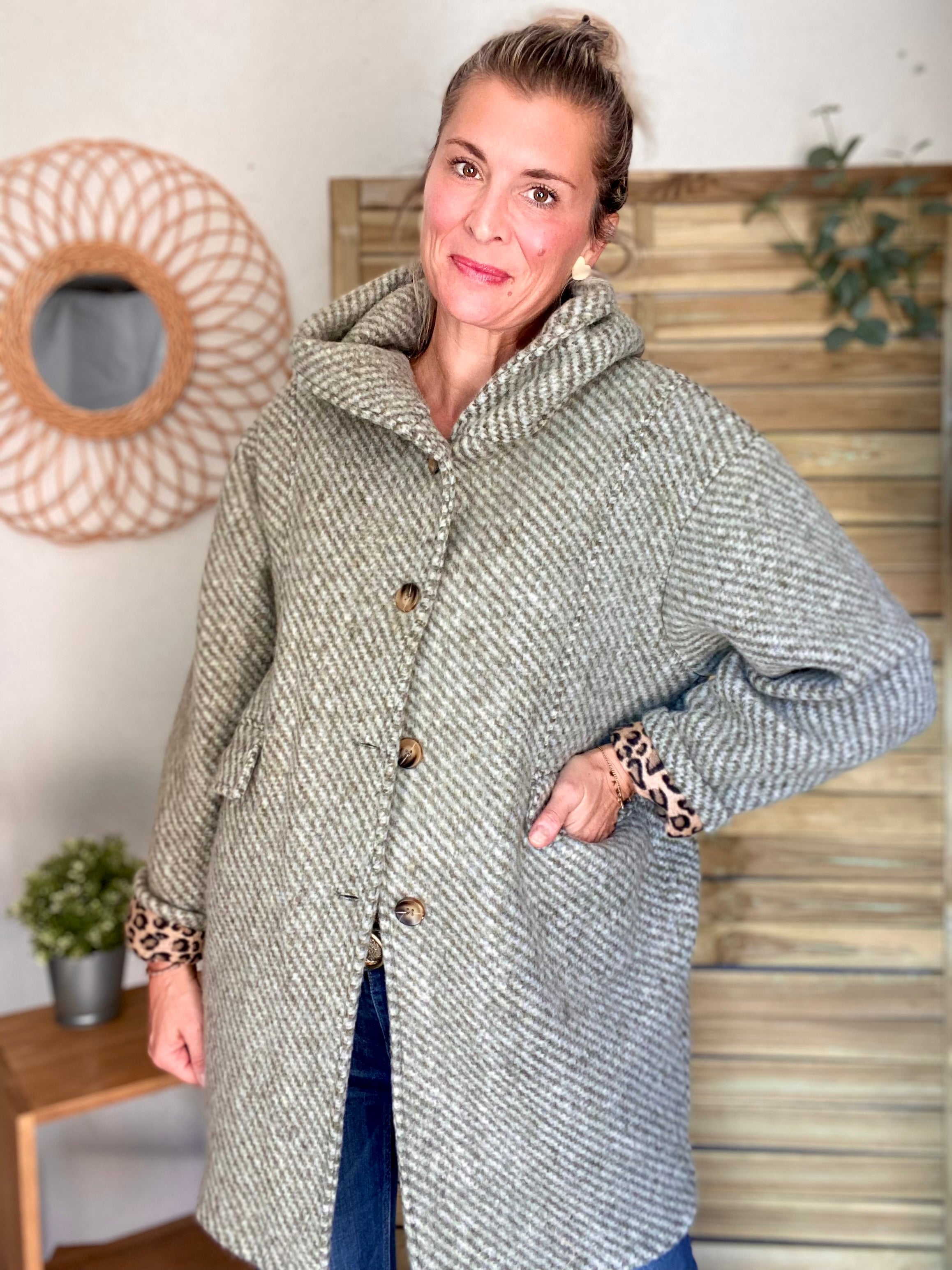 Manteau laine AGATHE avec détails Léo (étoile capuche) - Kaki