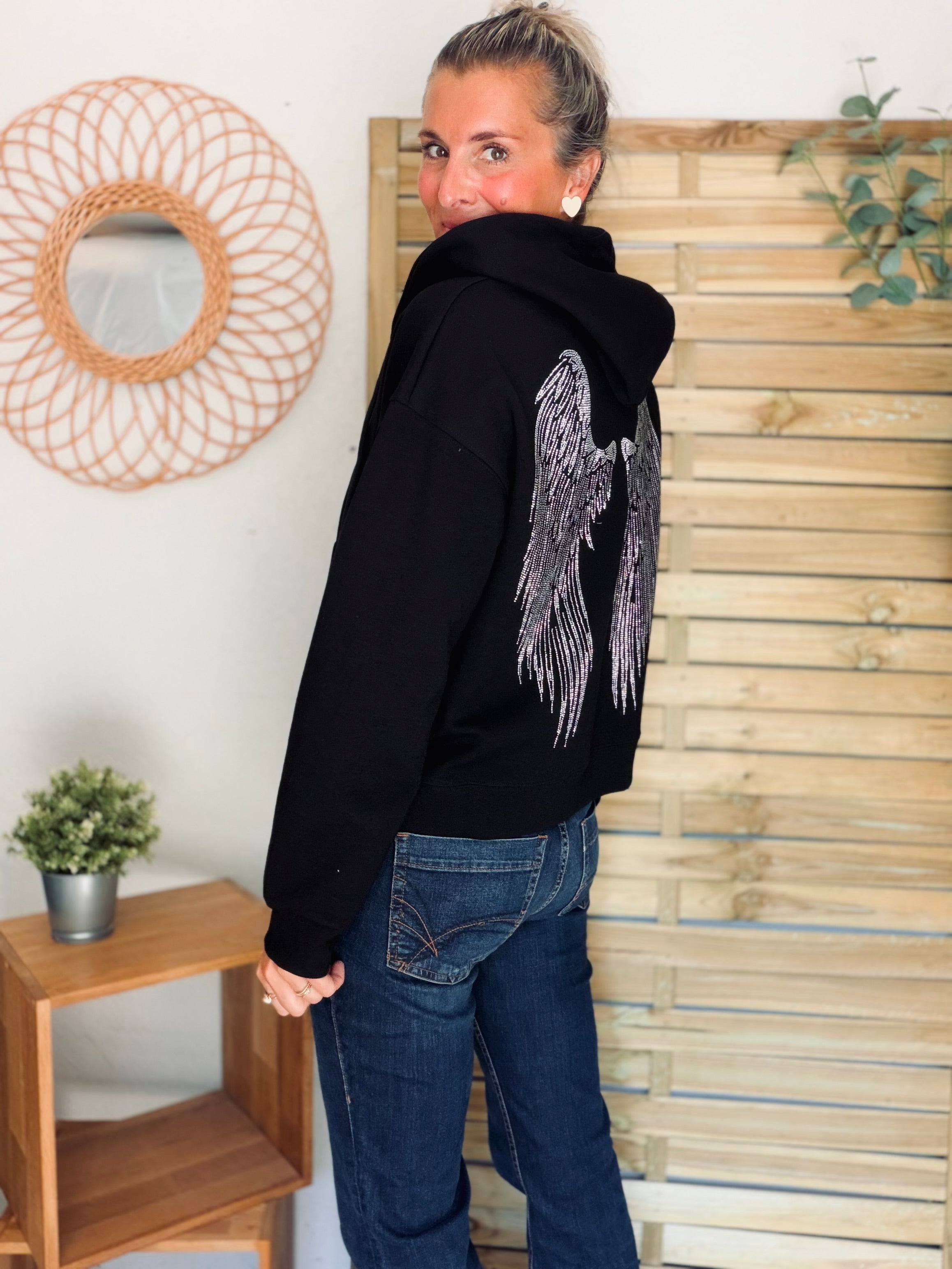 Hoodie sweat gilet strass (ailes) CLOTHILDE - Noir