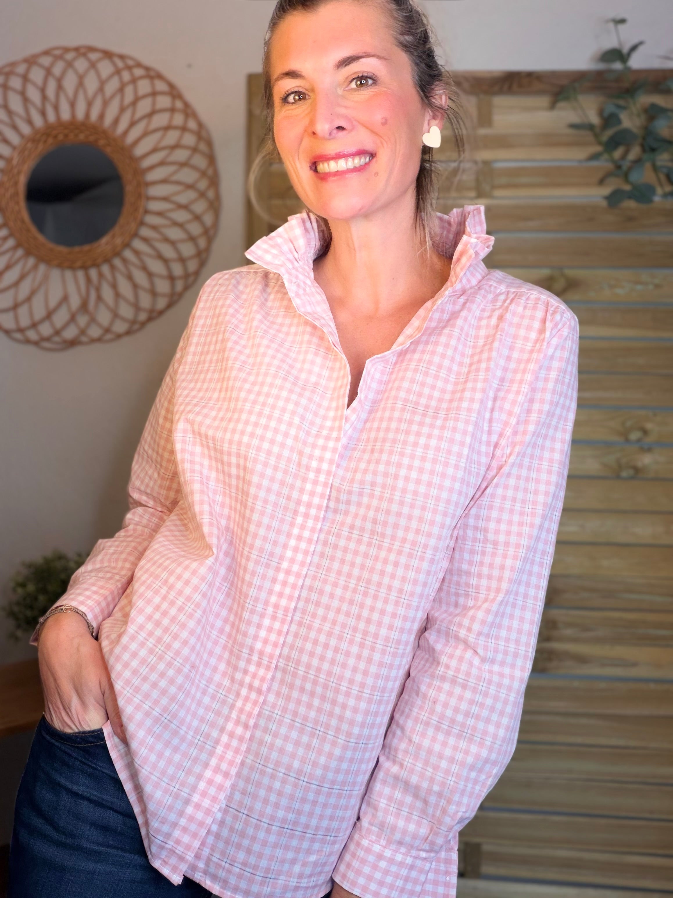 Chemise imprimée vichy, col victorien volanté MEREDITH - Rose