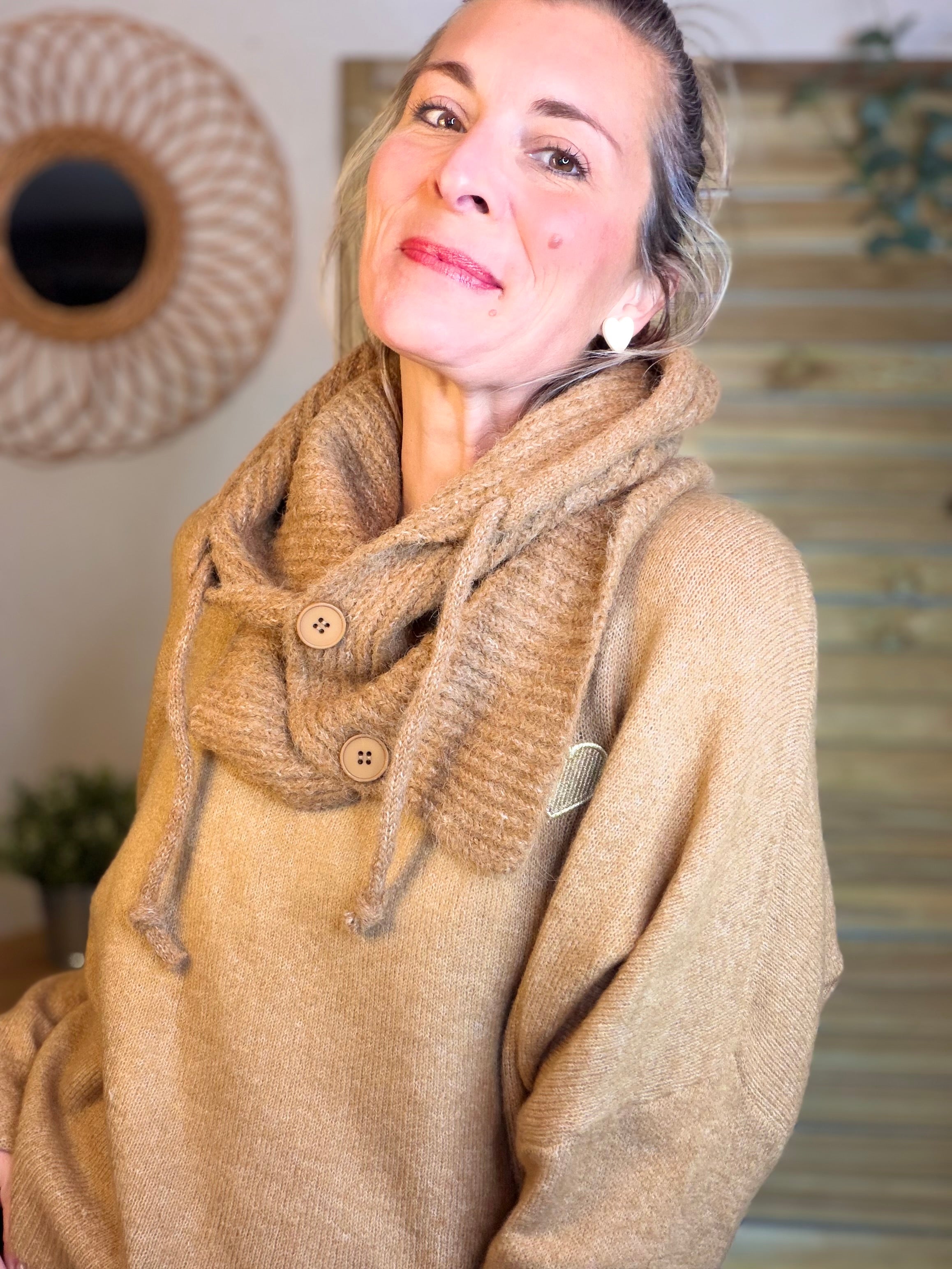 Col cagoule LORIE en maille avec bouton - Camel