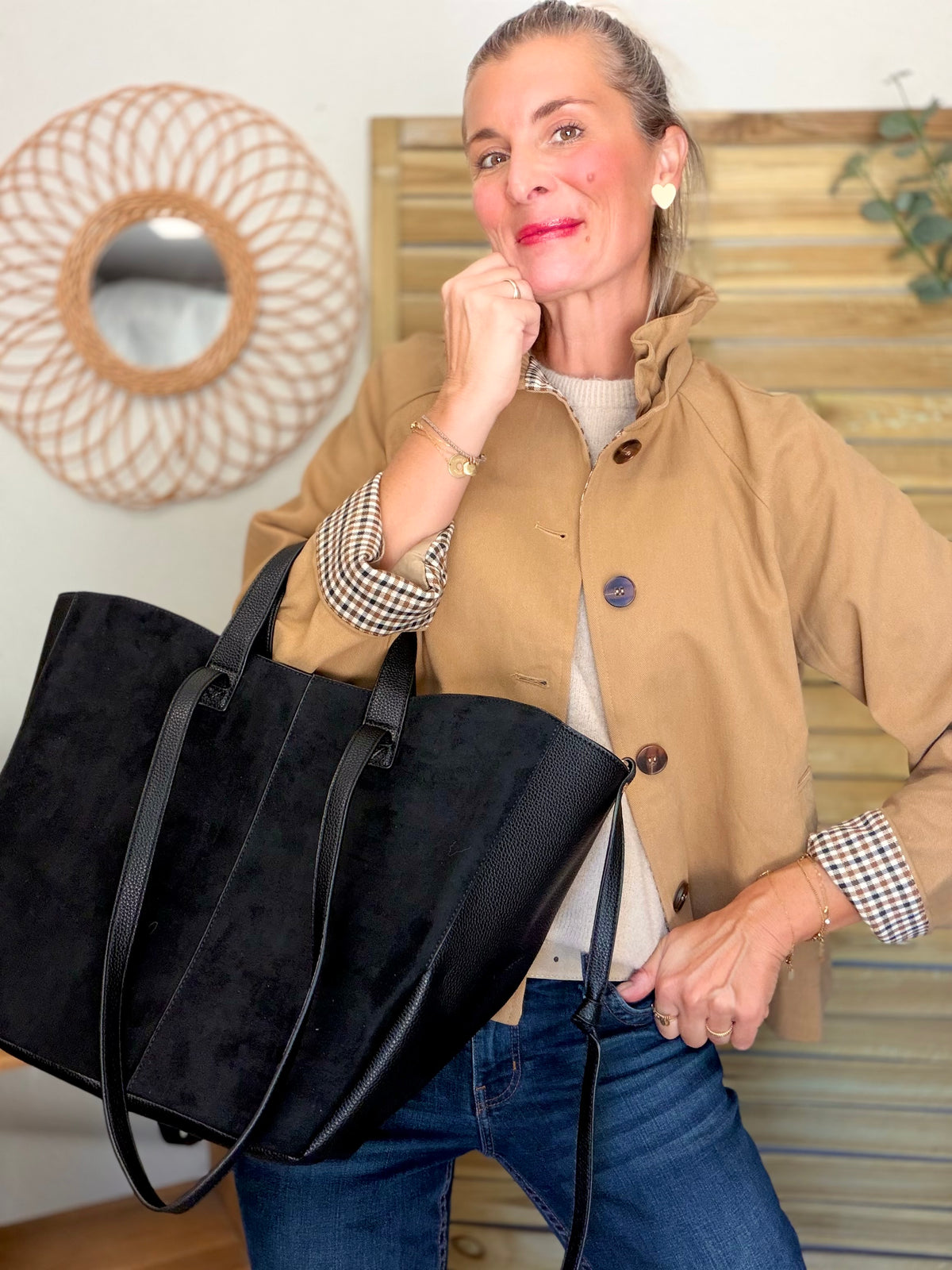 Grand Sac cabas 2 en 1 en simili daim - LAURÈNE Noir