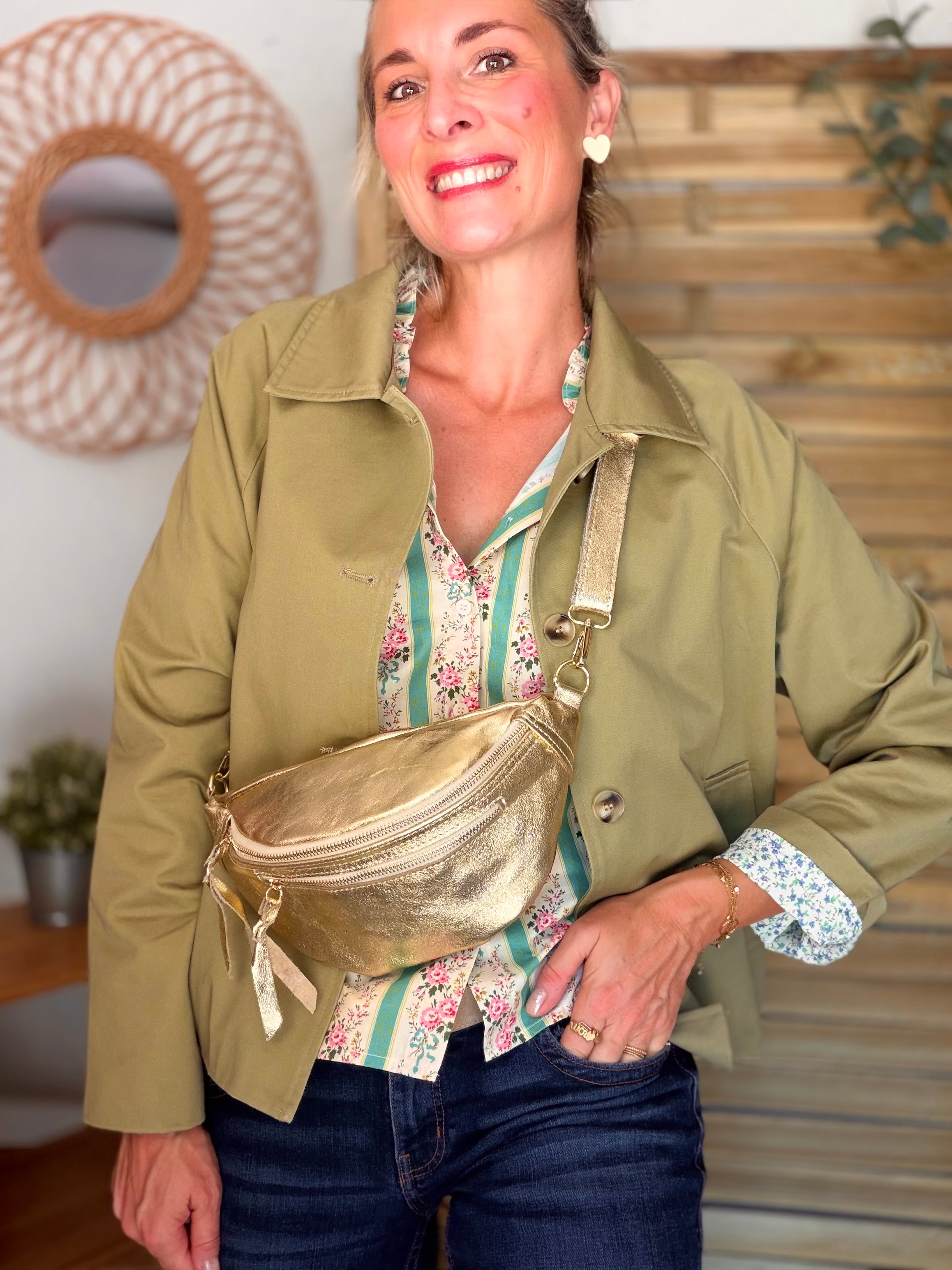 Sac banane en cuir irisé double poche - OPALE - Doré / doré
