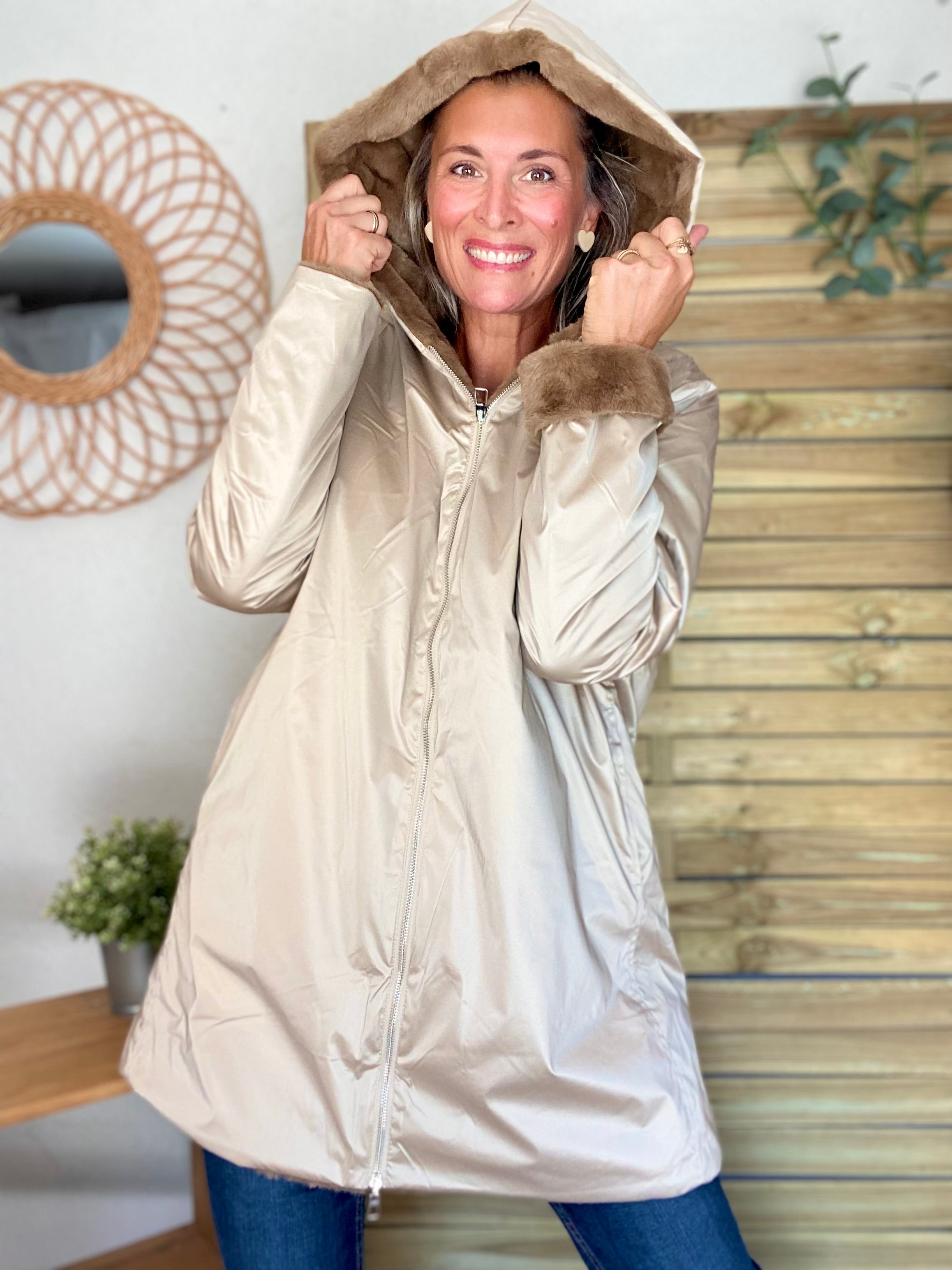 Parka Imperméable réversible fourrée Sable irisé / Camel ALIX - LAURA JO