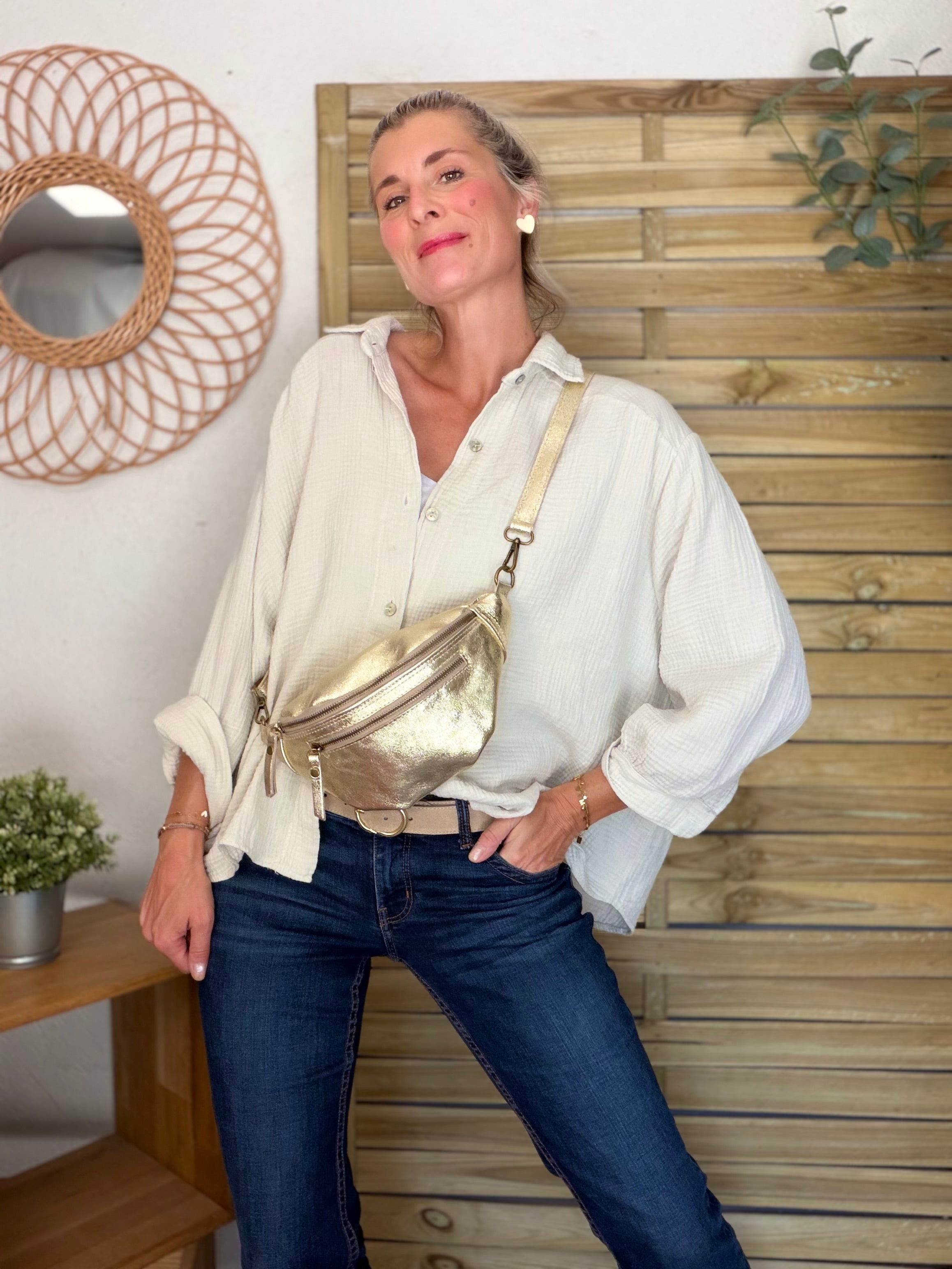 Sac banane en cuir irisé double poche - OPALE - Doré / Étain