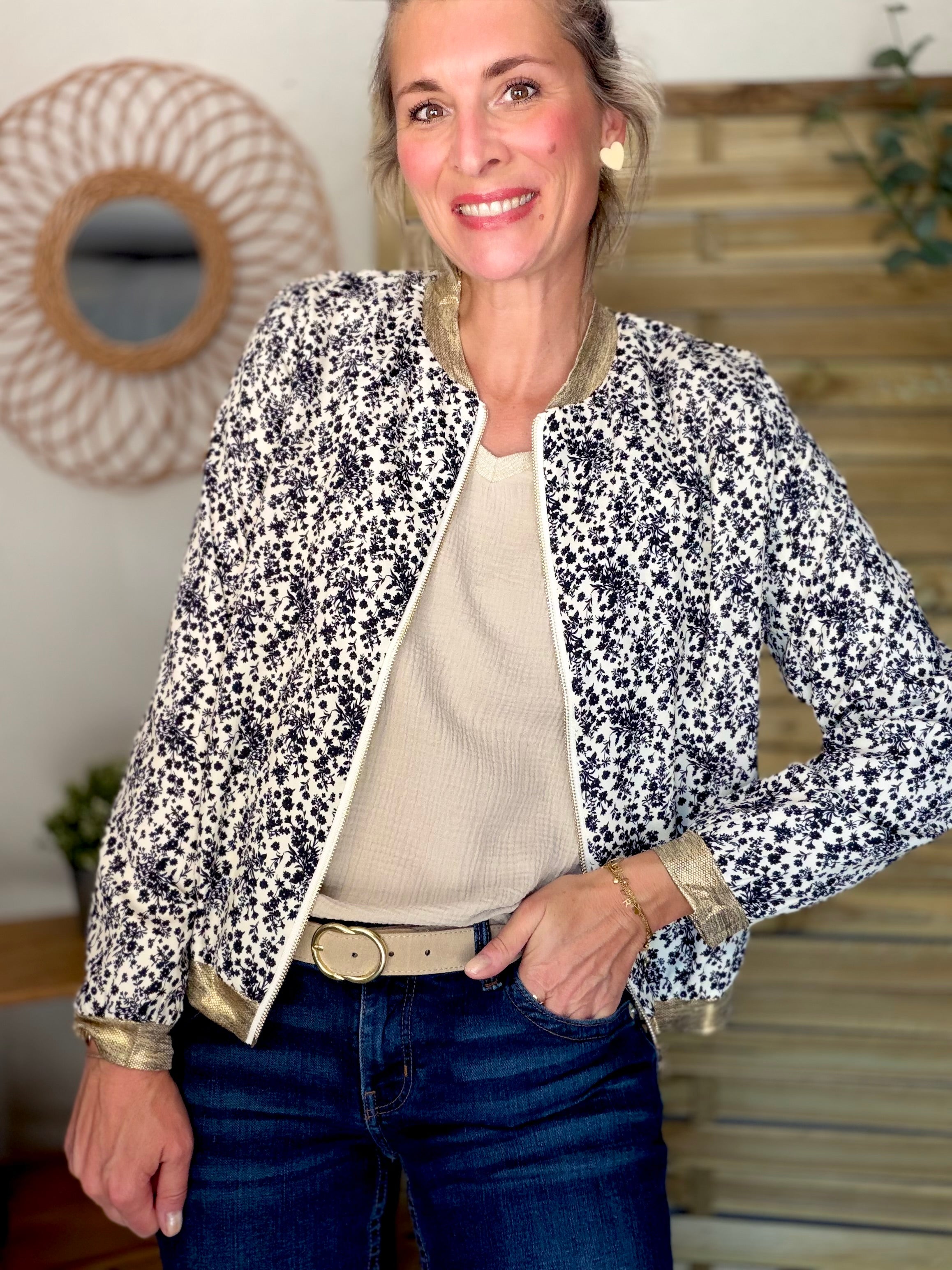 ⚡️ ARRIVAGE - Veste bombers feuilles Écru / Noir BROOKE