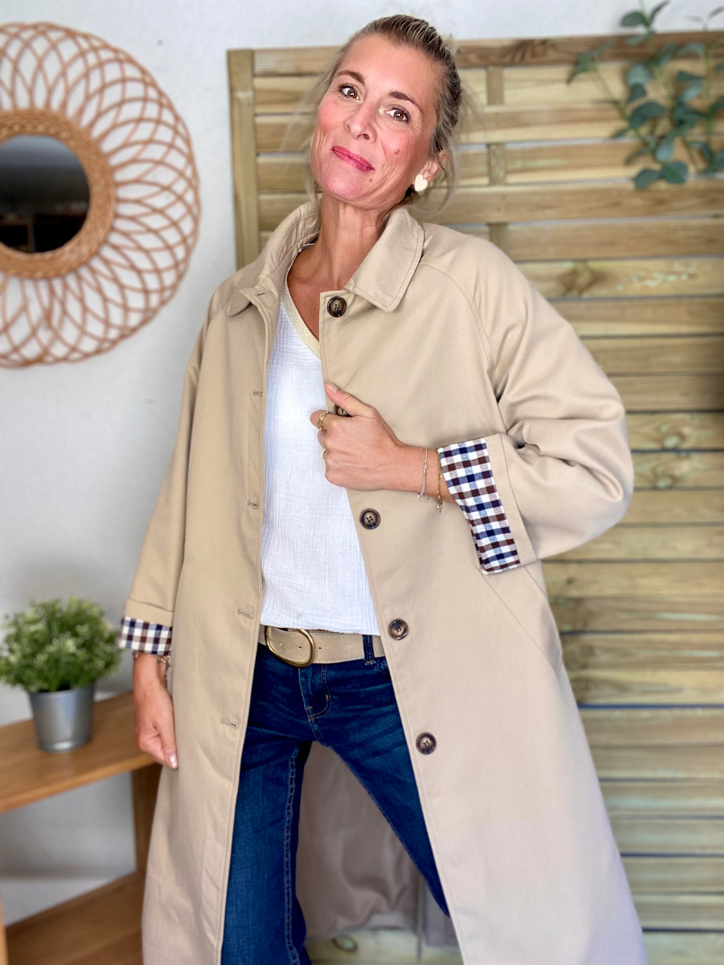 Veste Trench en coton avec vichy - YSEULT long Beige