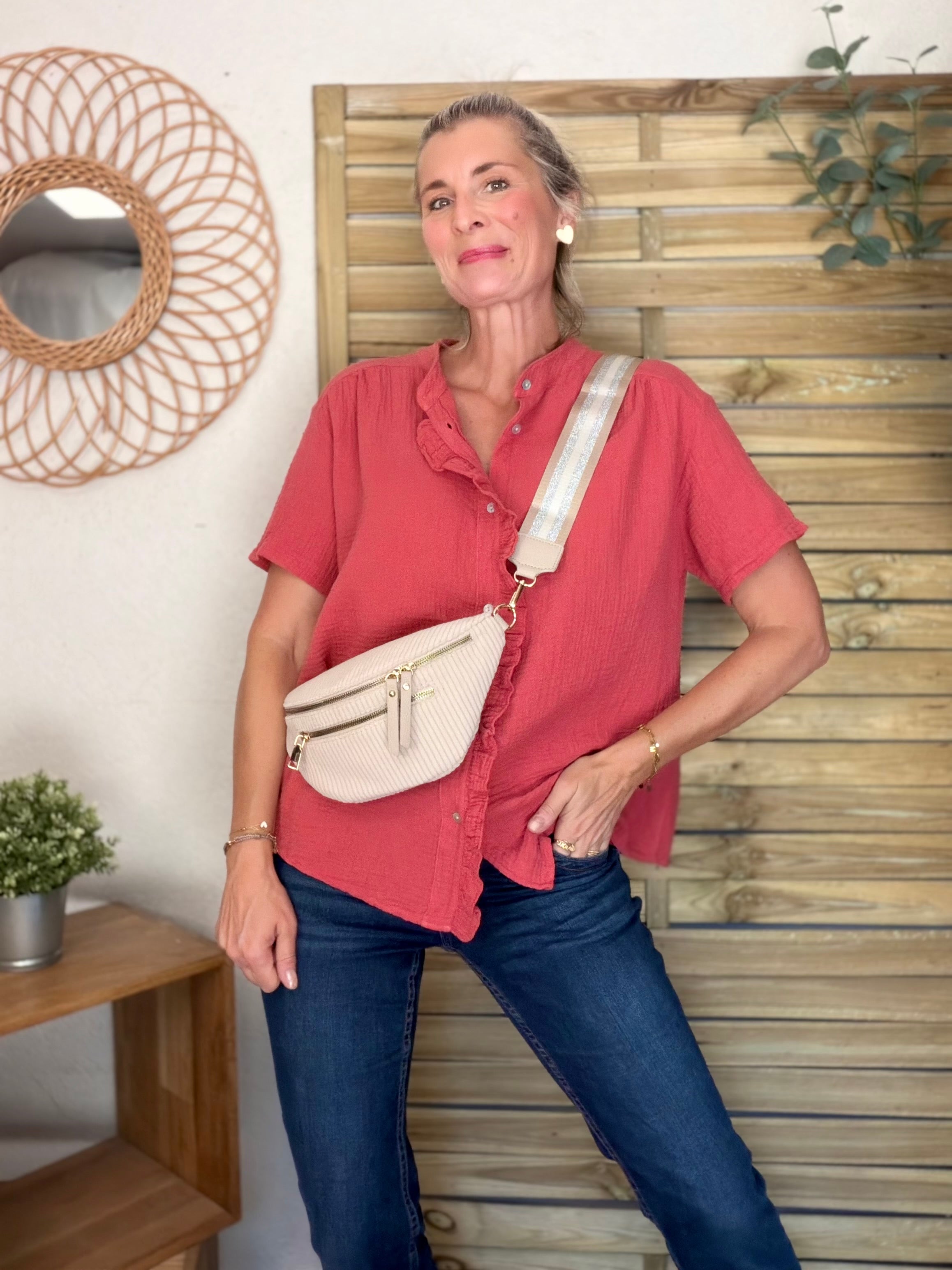 Sac banane en velours côtelé 2 zips et sangle fantaisie - CHARLY Beige clair