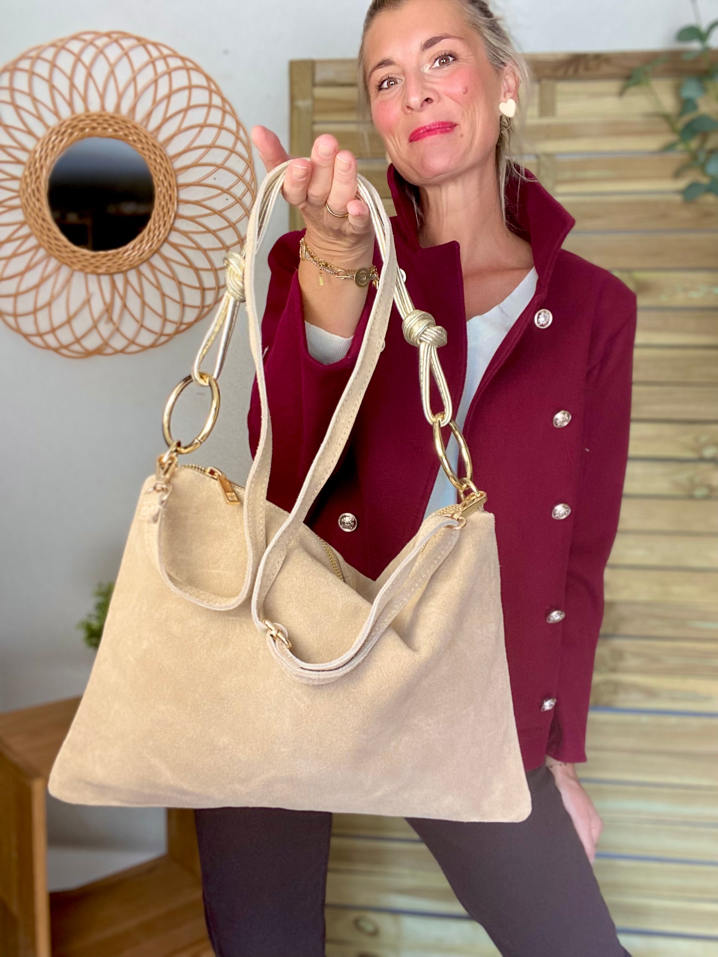 ⚡️PÉPITES FRIDAY - Sac en cuir daim 2 bandoulières (or et beige) - Beige - PACEY