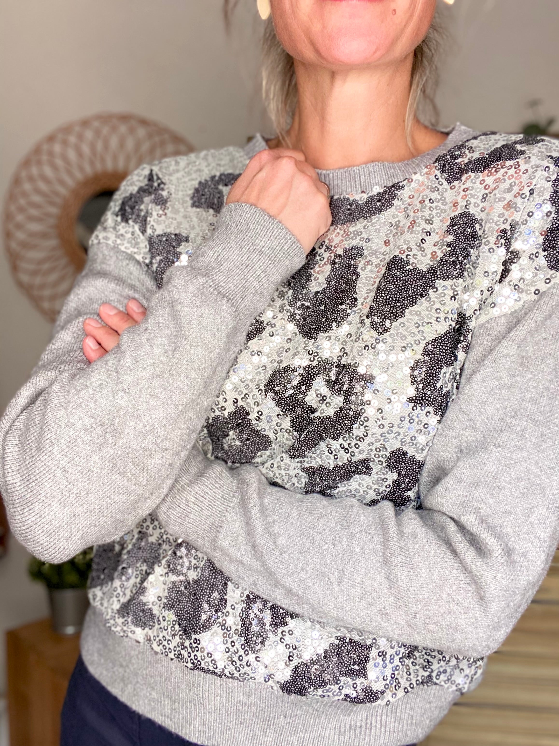 Pull avec sequins motif léo à sequins OLYMPE - Gris / argent