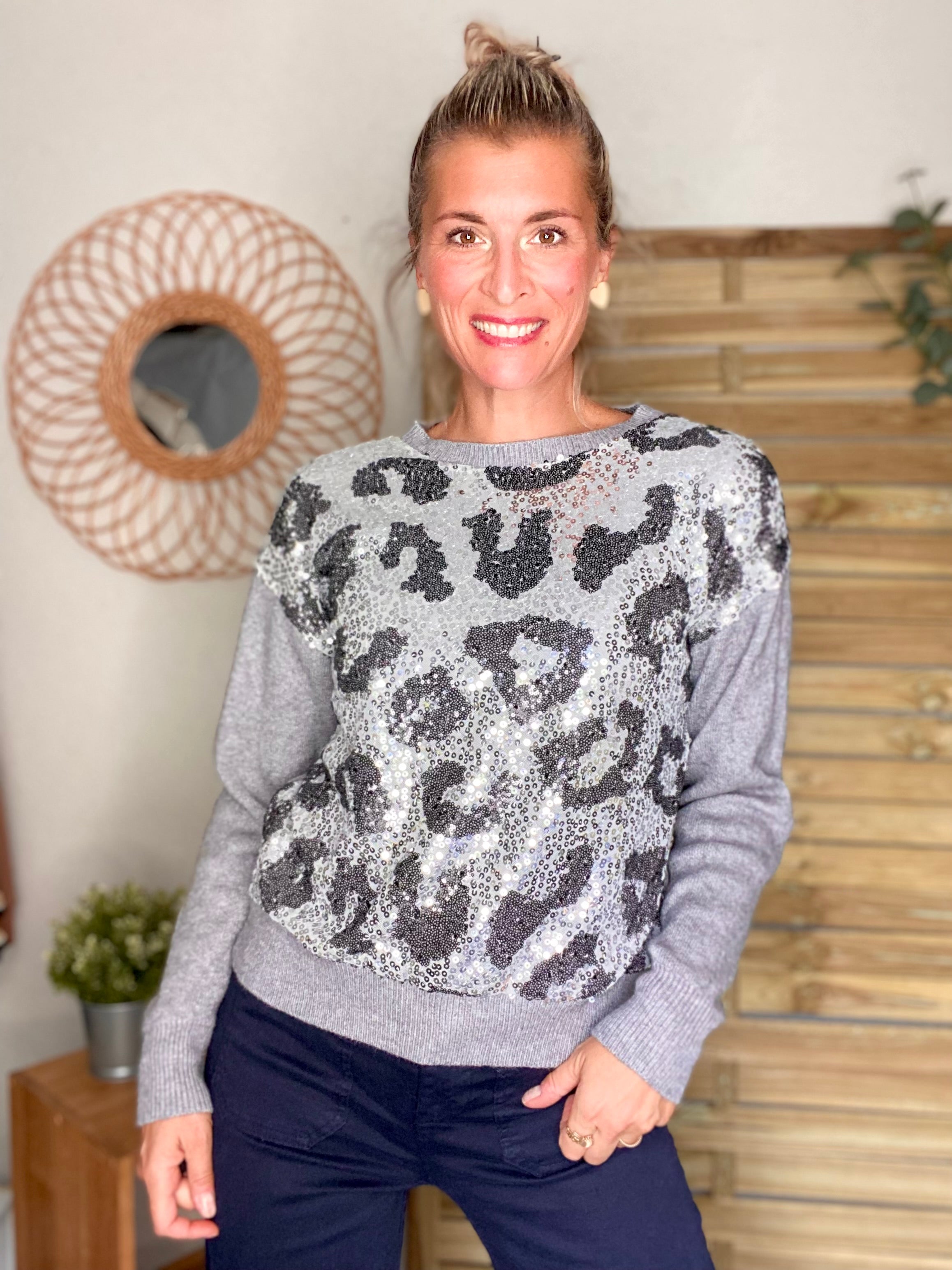 Pull avec sequins motif léo à sequins OLYMPE - Gris / argent