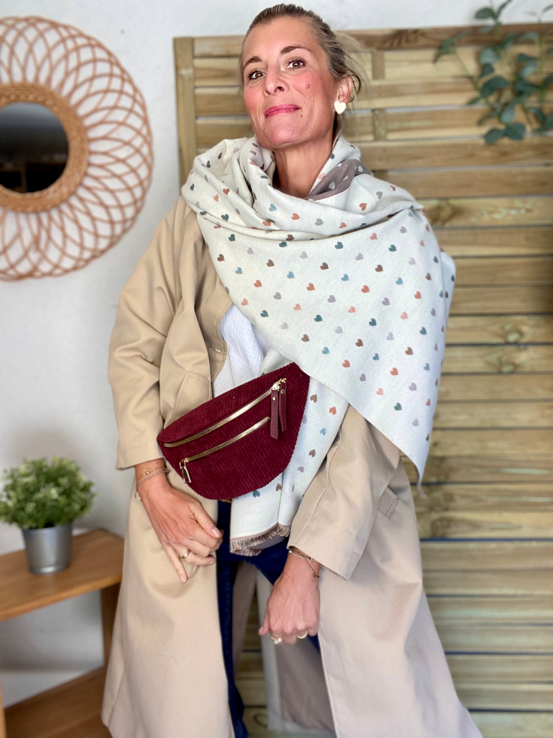 Écharpe douce réversible Coeurs SIMONE - Beige / Taupe 💙🩷💛