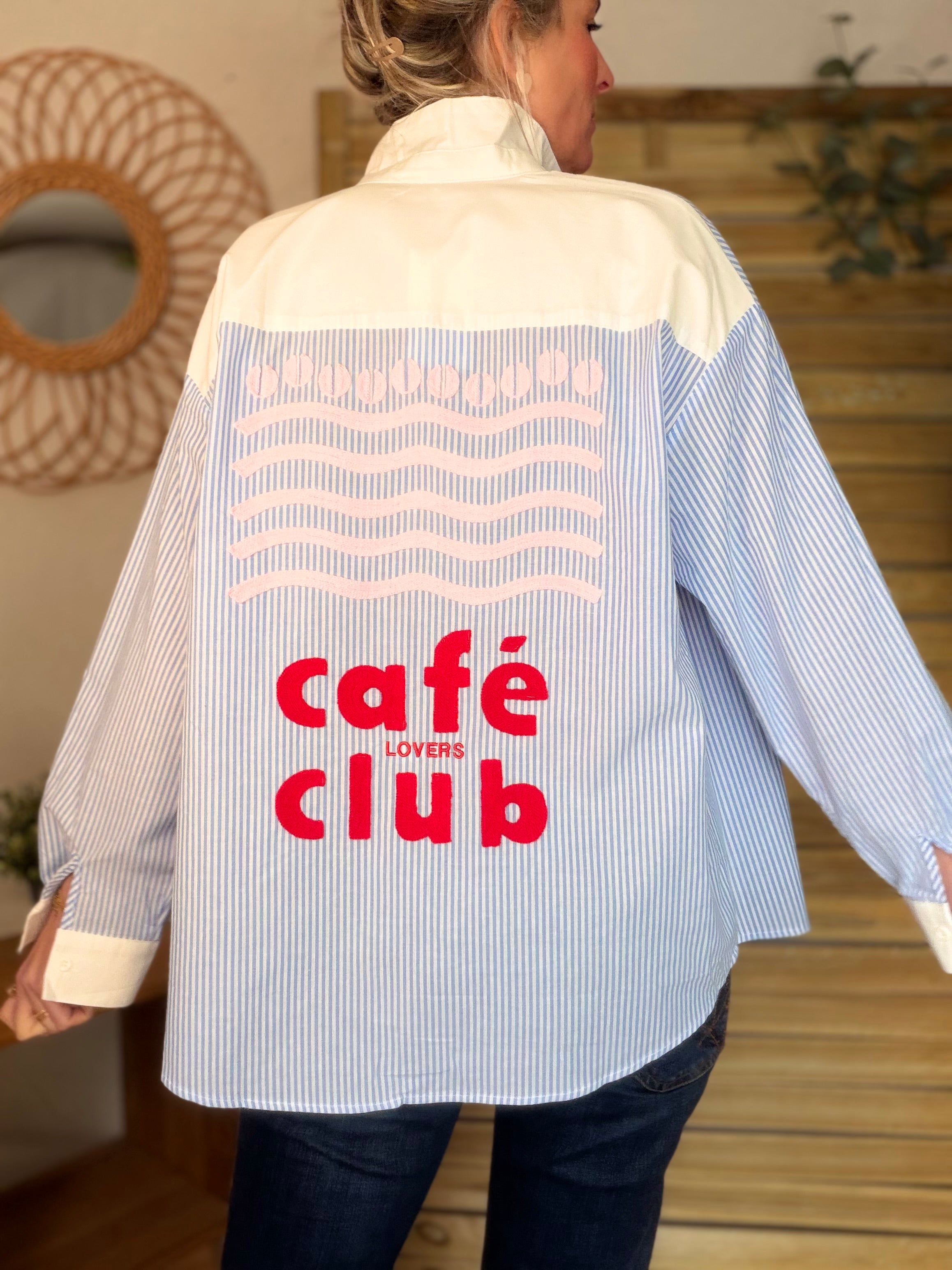 Chemise bleue rayée brodée CAFÉ LOVERS CLUB - ALIZÉE