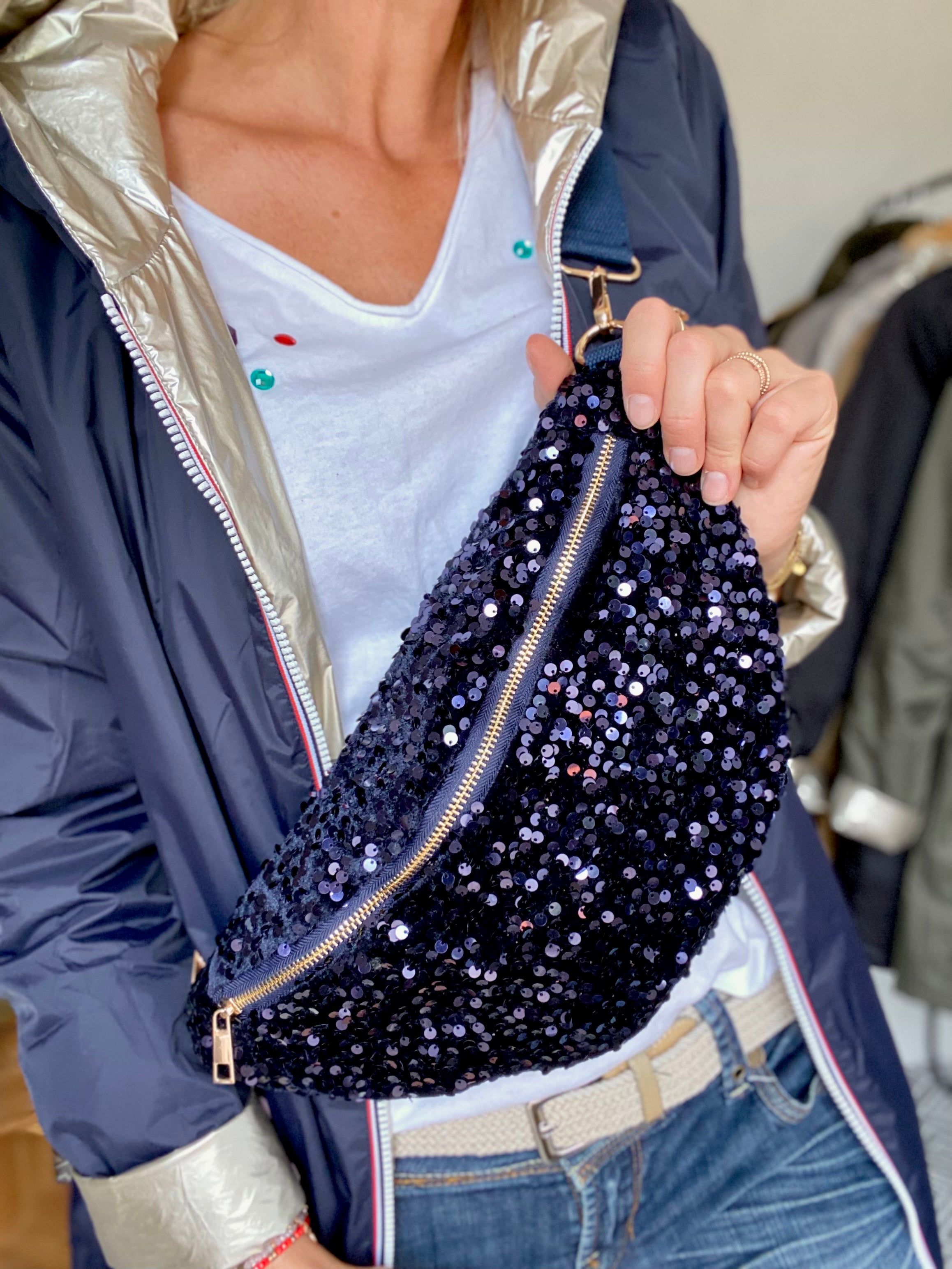 Sac banane L velours à sequins Ciao Boum - TAYLOR - Bleu marine