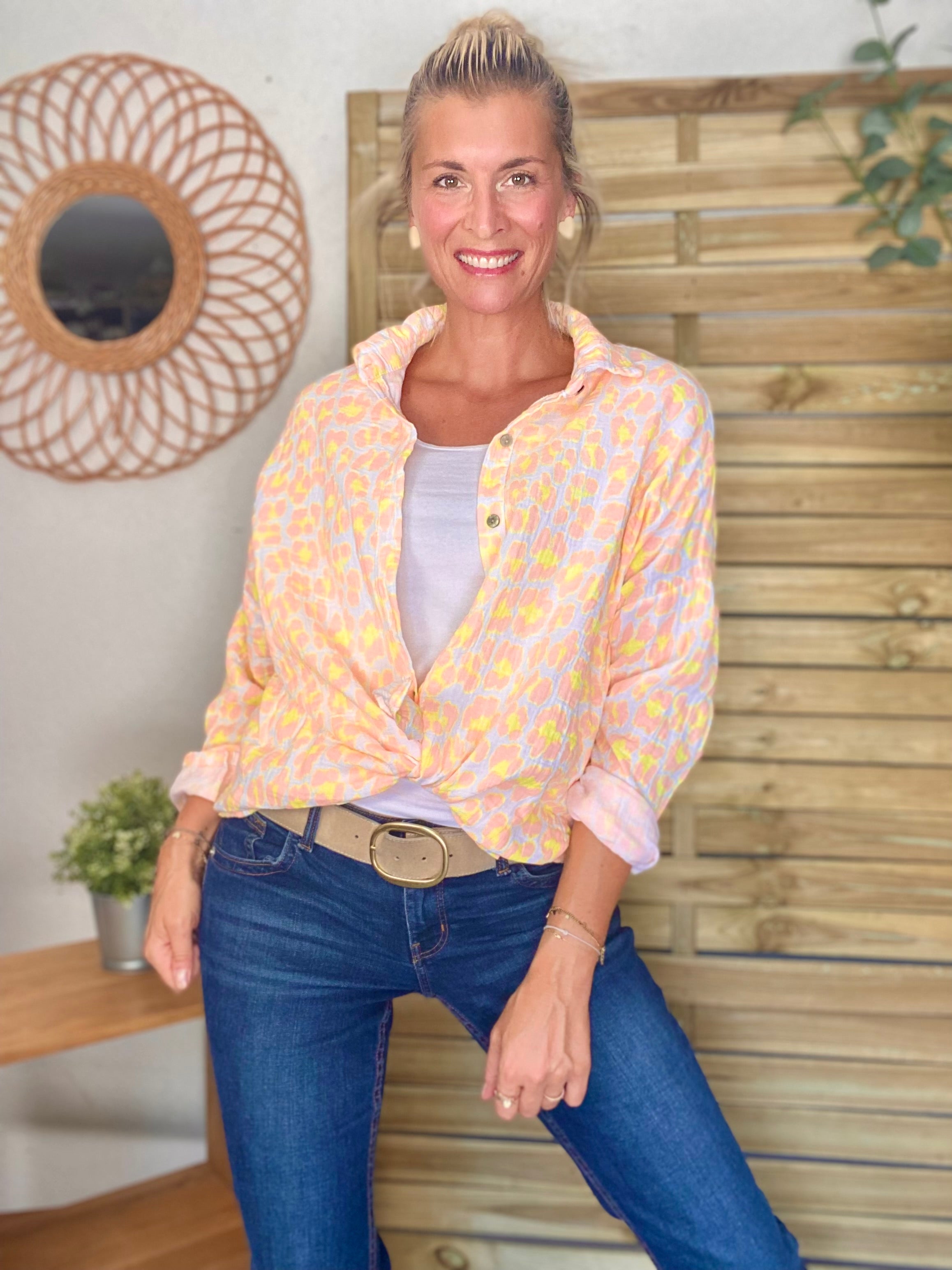 Chemise en gaze de coton imprimé Léo MARCIA - Orange