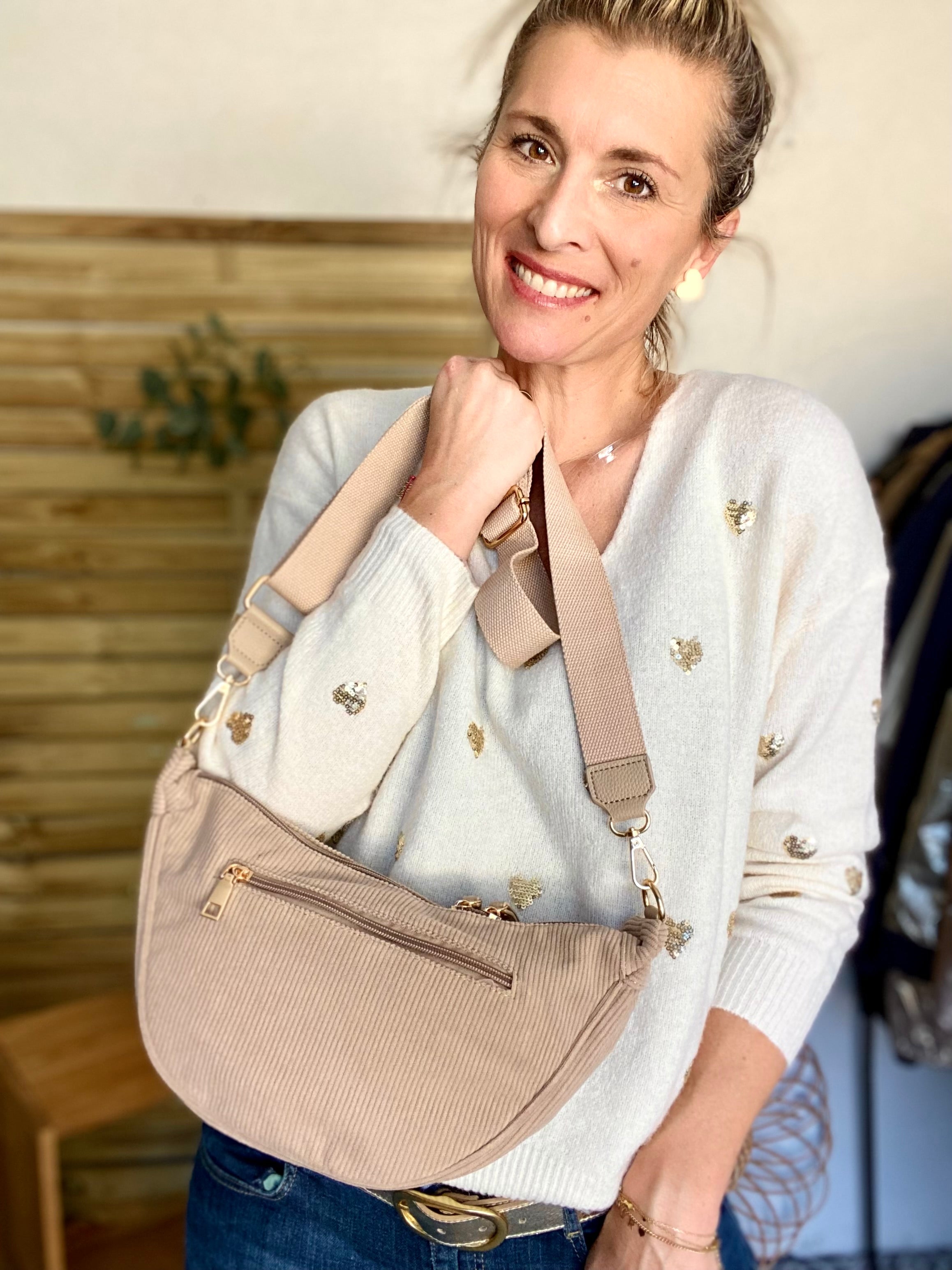 Sac besace demi-lune XL velours côtelé - AMY - Beige moyen