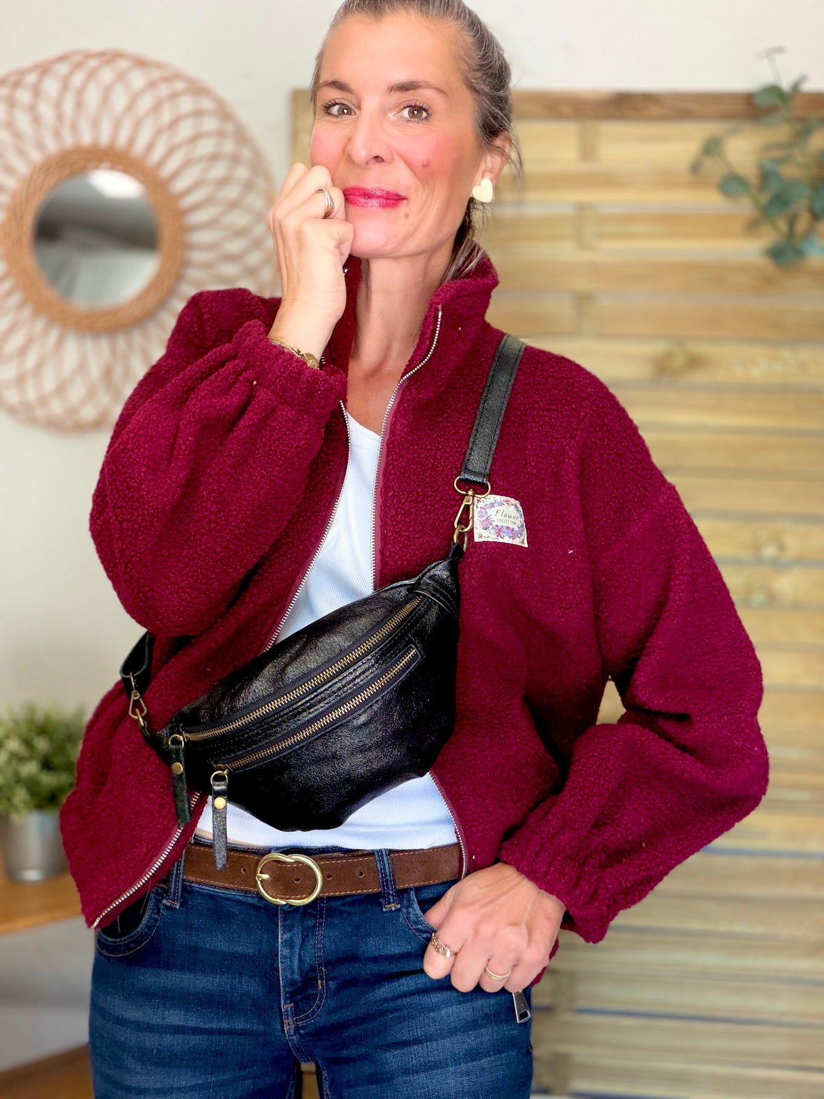 Sac banane en cuir irisé double poche - OPALE - Noir / Laiton