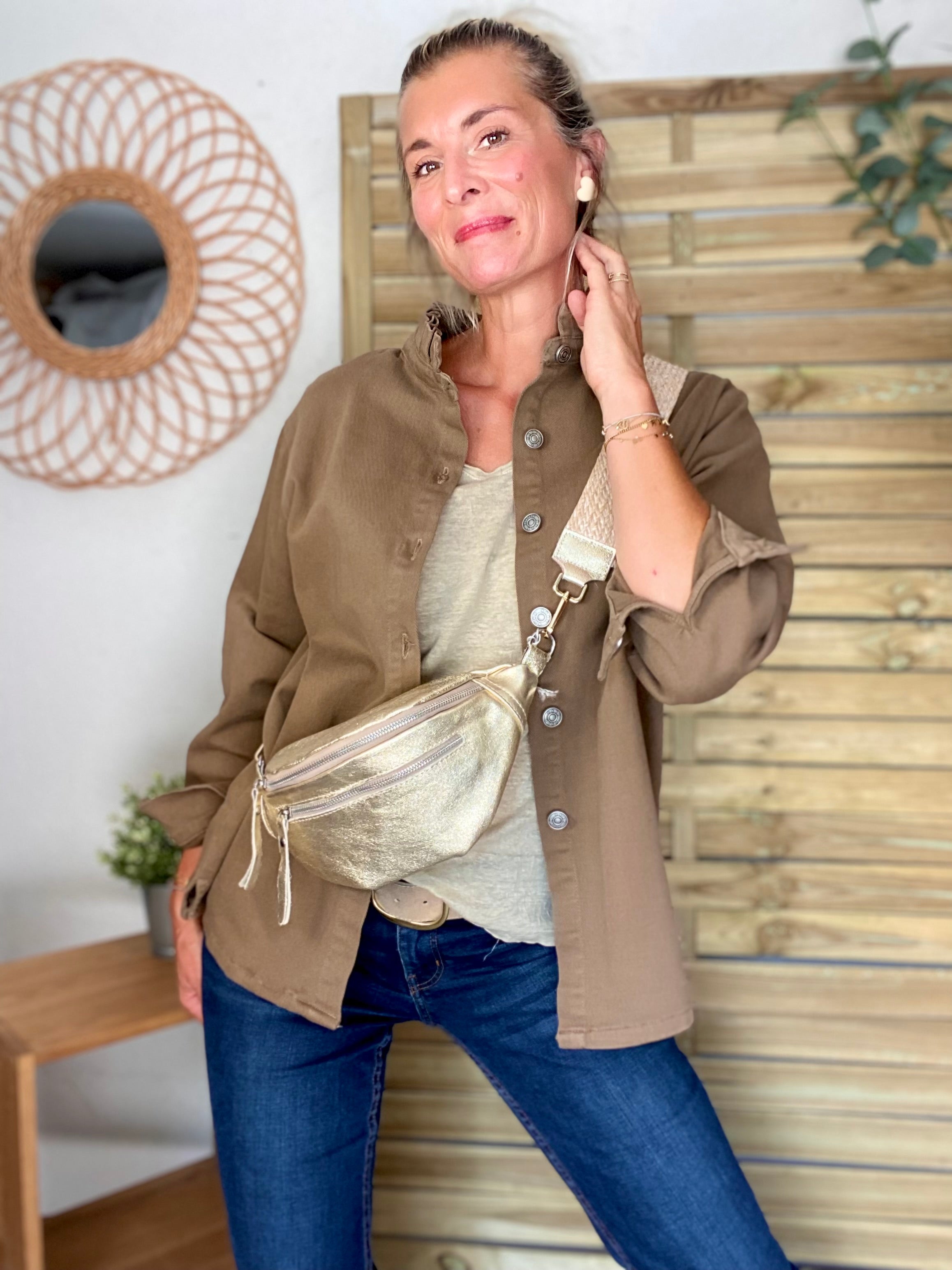 Veste / Chemise en coton, col volanté Camel foncé LISON