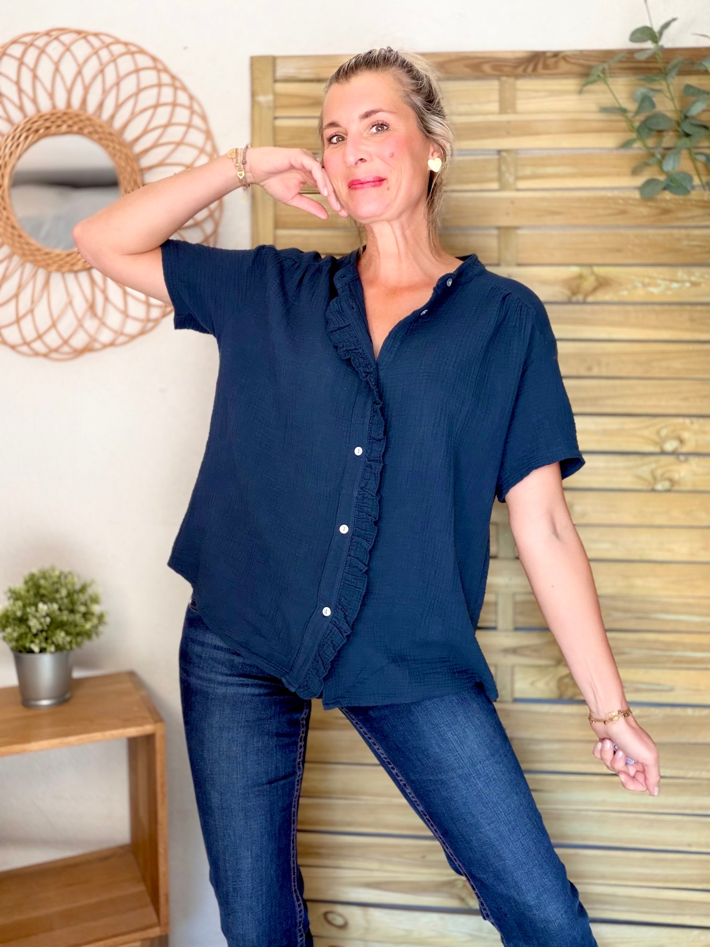 Blouse en gaze de coton ANAËLLE Bleu marine