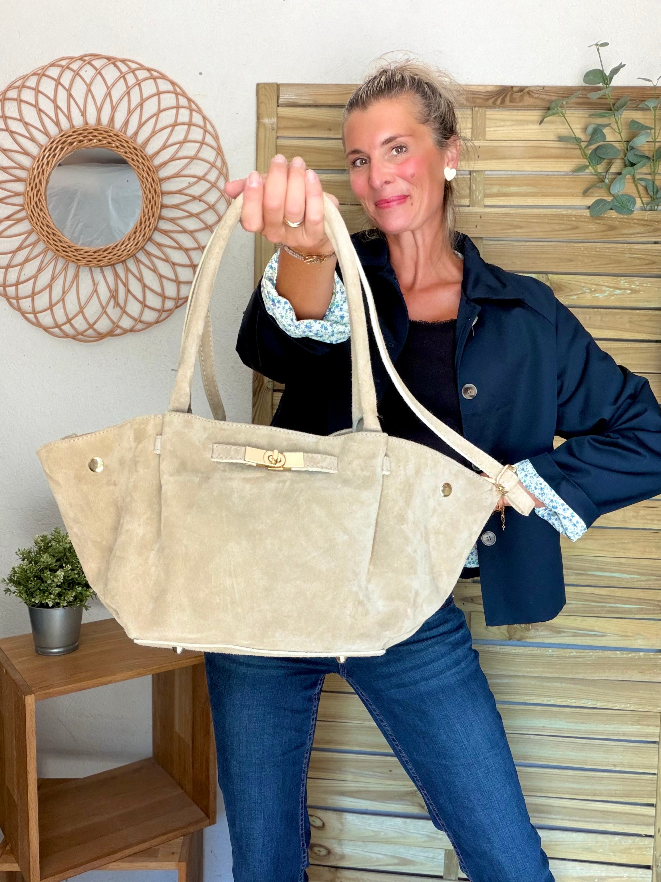Sac cabas en cuir daim HANA - Beige