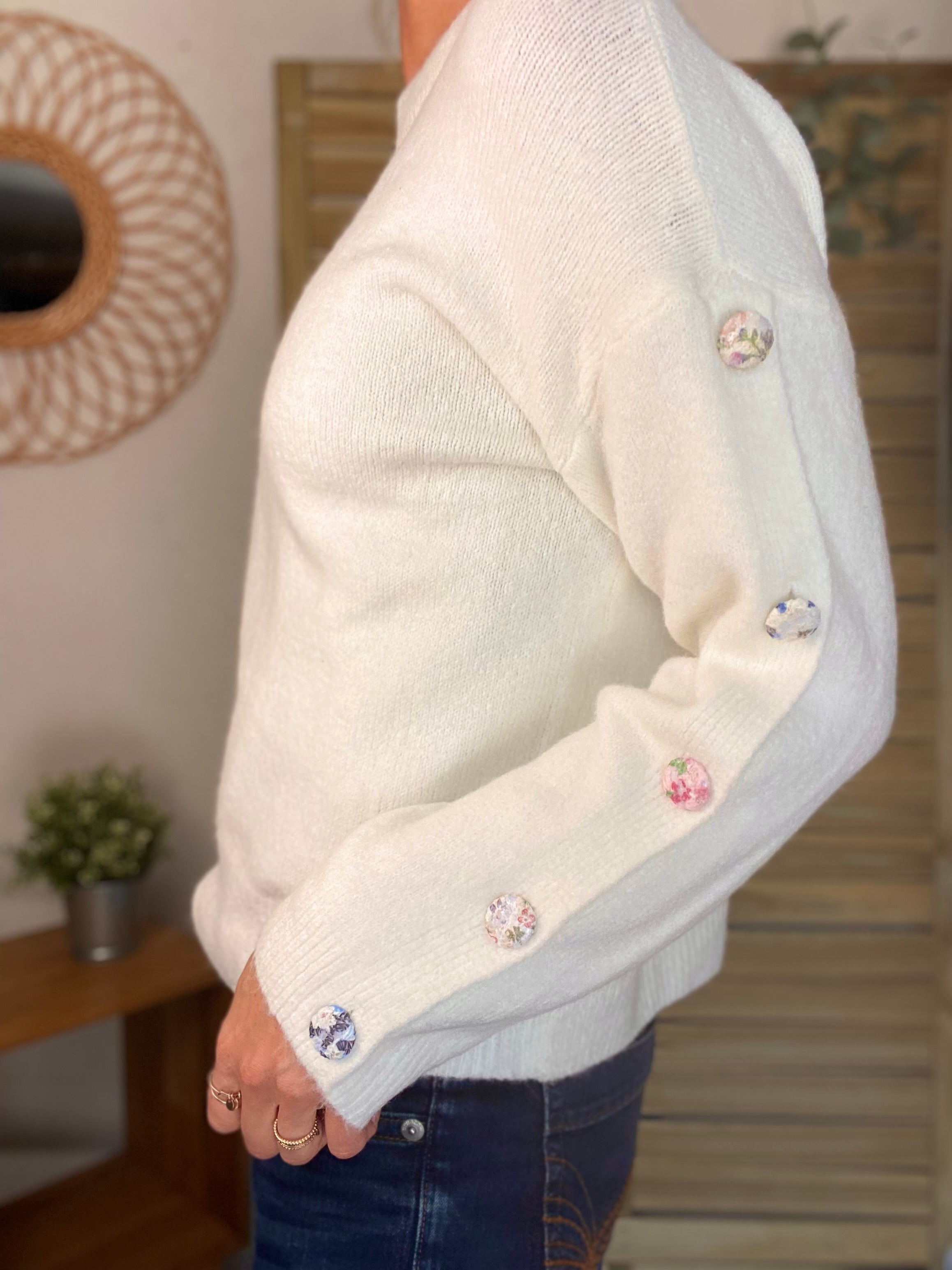 ⚡️ PÉPITES FRIDAY - Pull boutons tissu fleuri - Blanc - HAZEL
