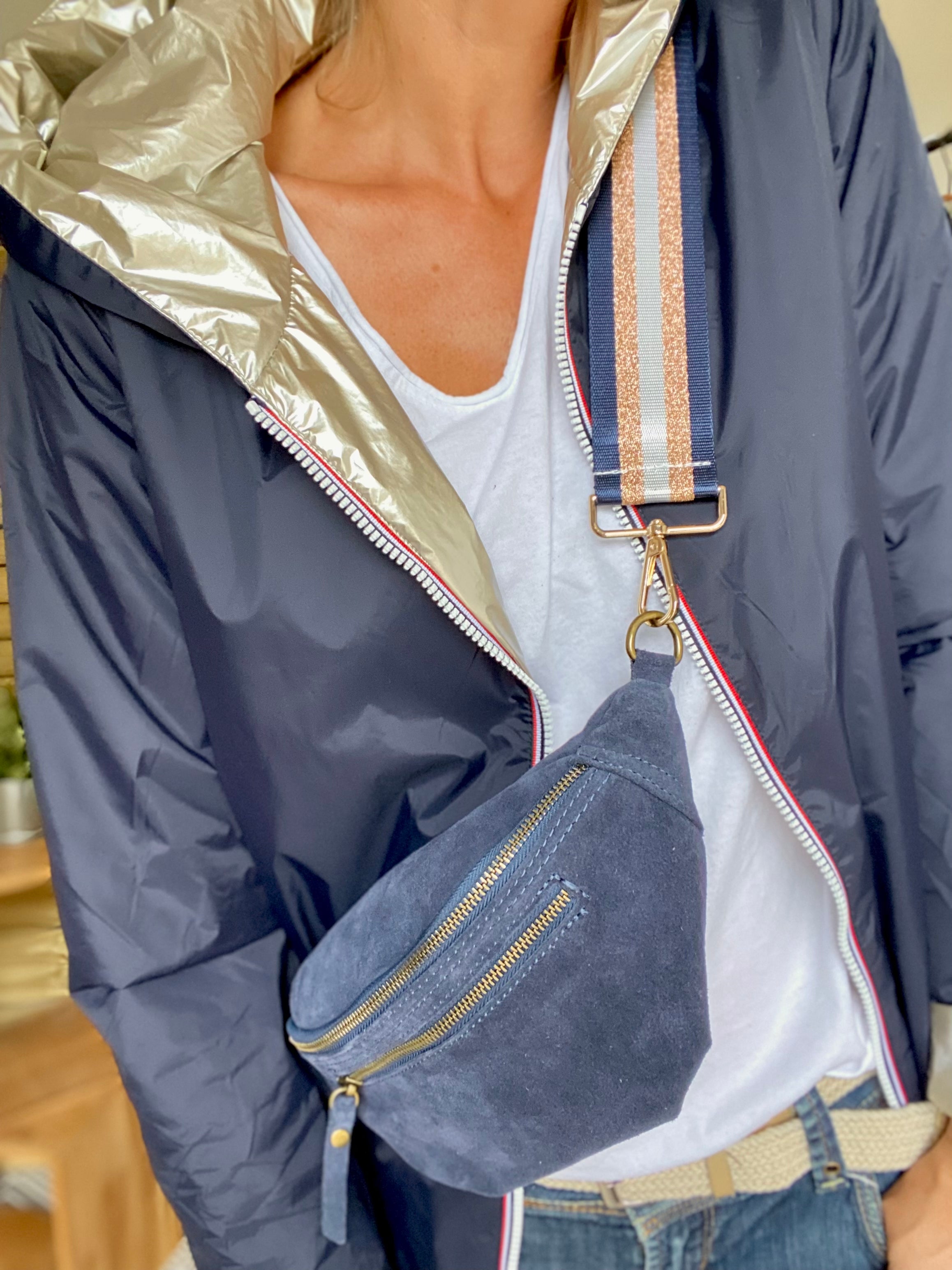 Sac banane double poche en cuir daim - OPALINE - Bleu jean (14 coloris)