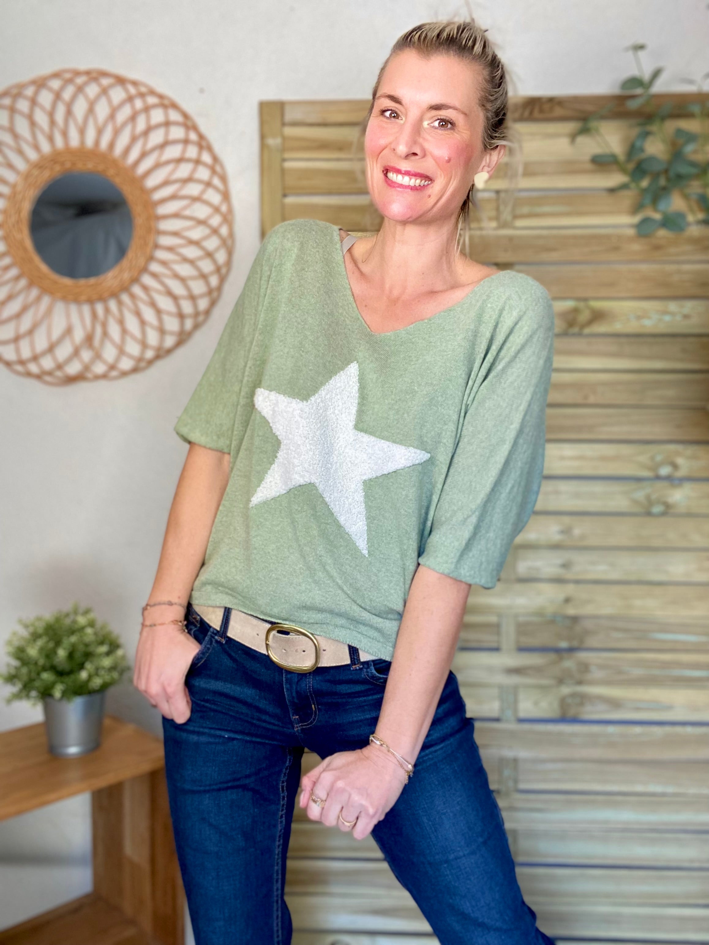 Pull fin Étoile ⭐️ col V PÉNÉLOPE - Vert sauge