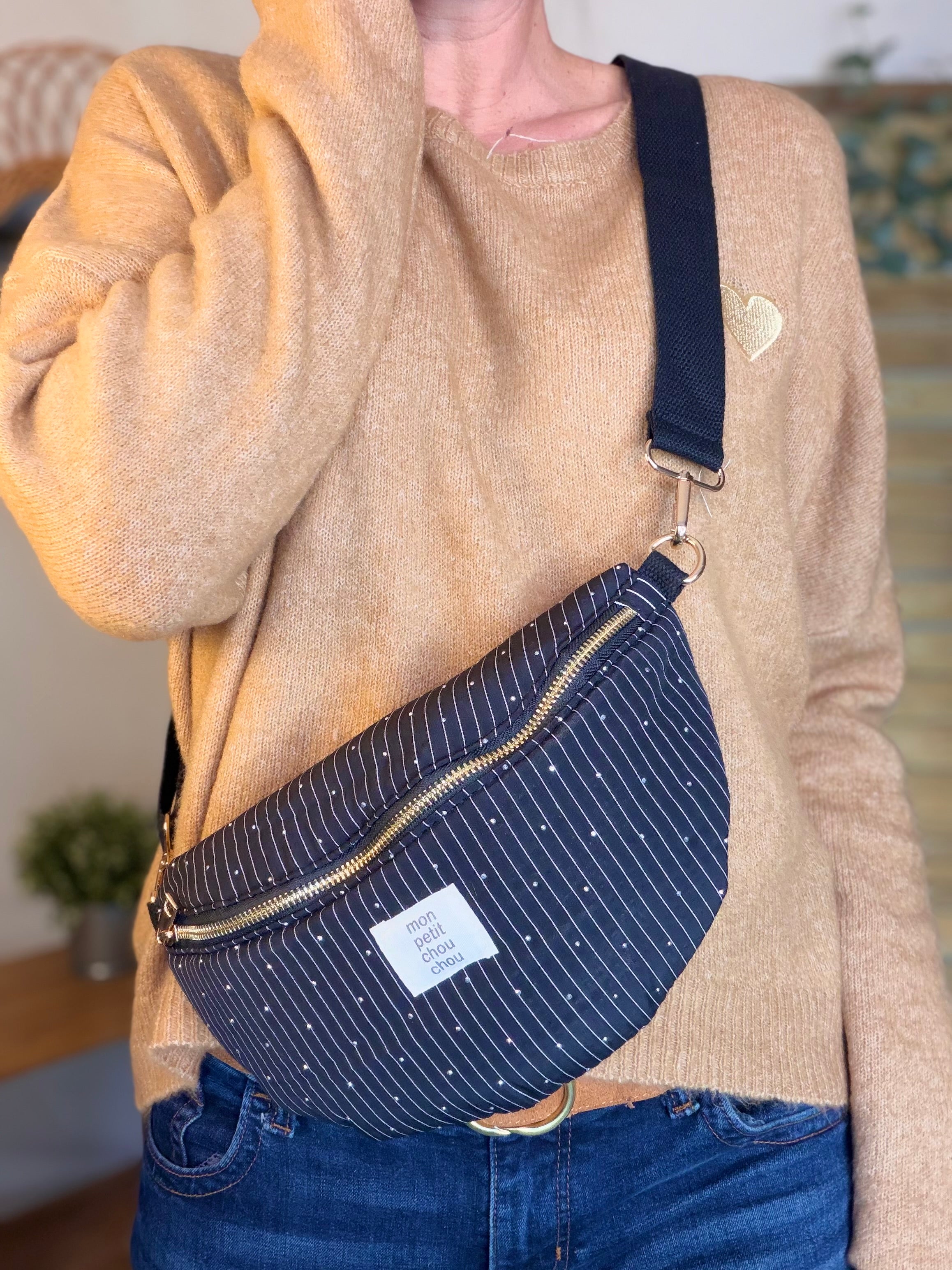 Sac banane avec strass BONNIE - Rayée noir