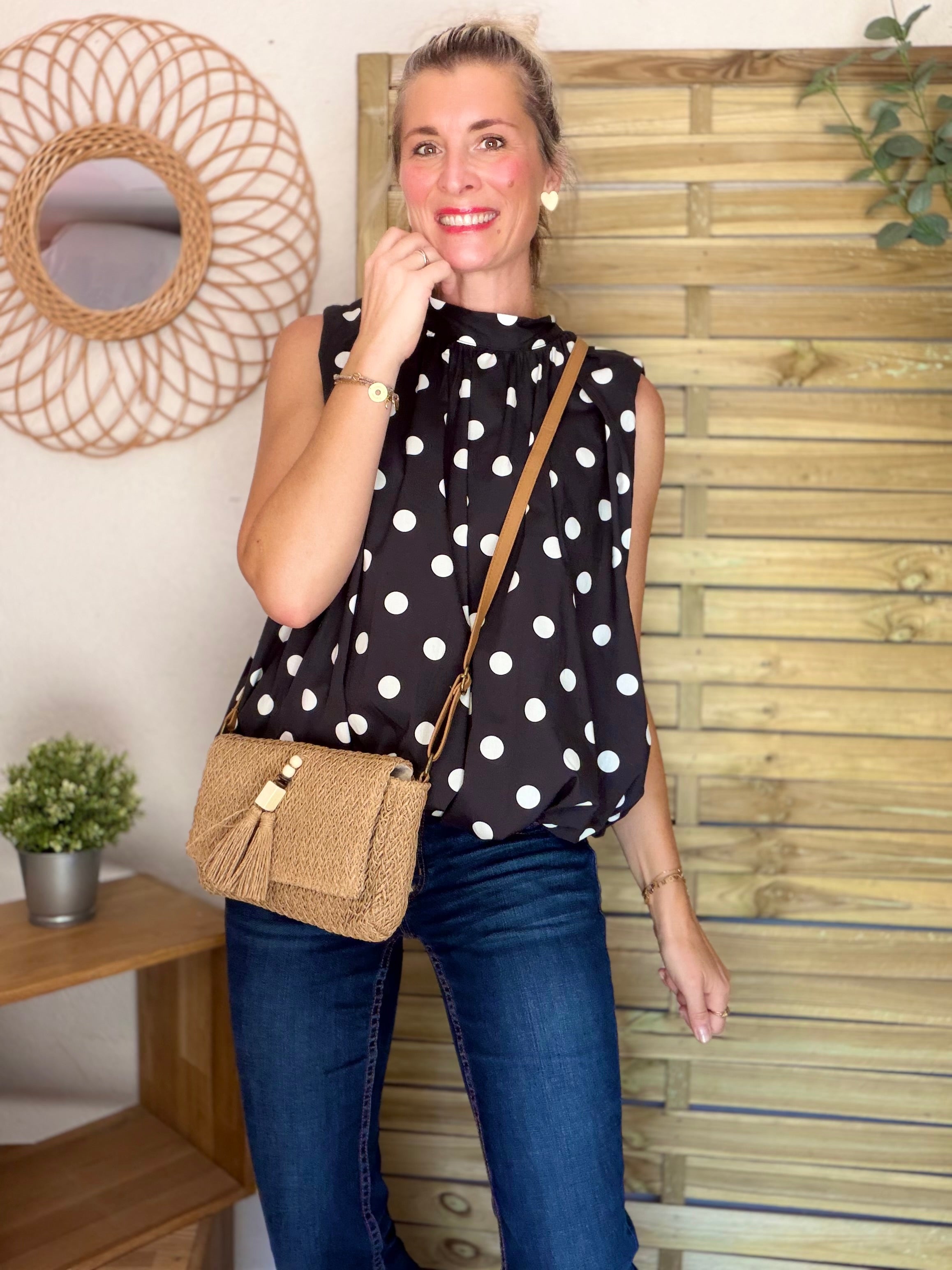 Sac à main avec pompon en raphia ISORA Camel