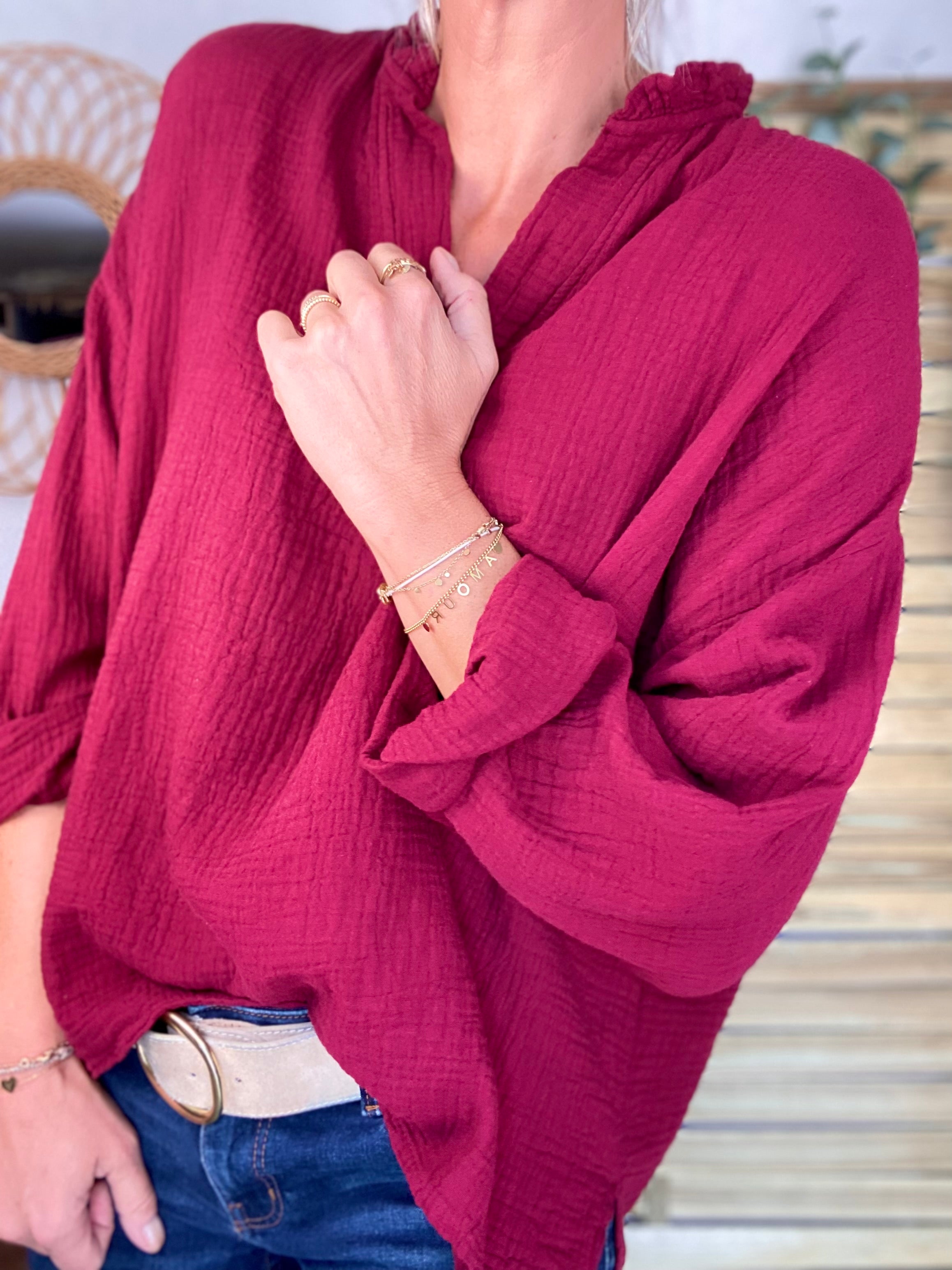 Blouse en gaze de coton SIERRA Bordeaux - manches longues
