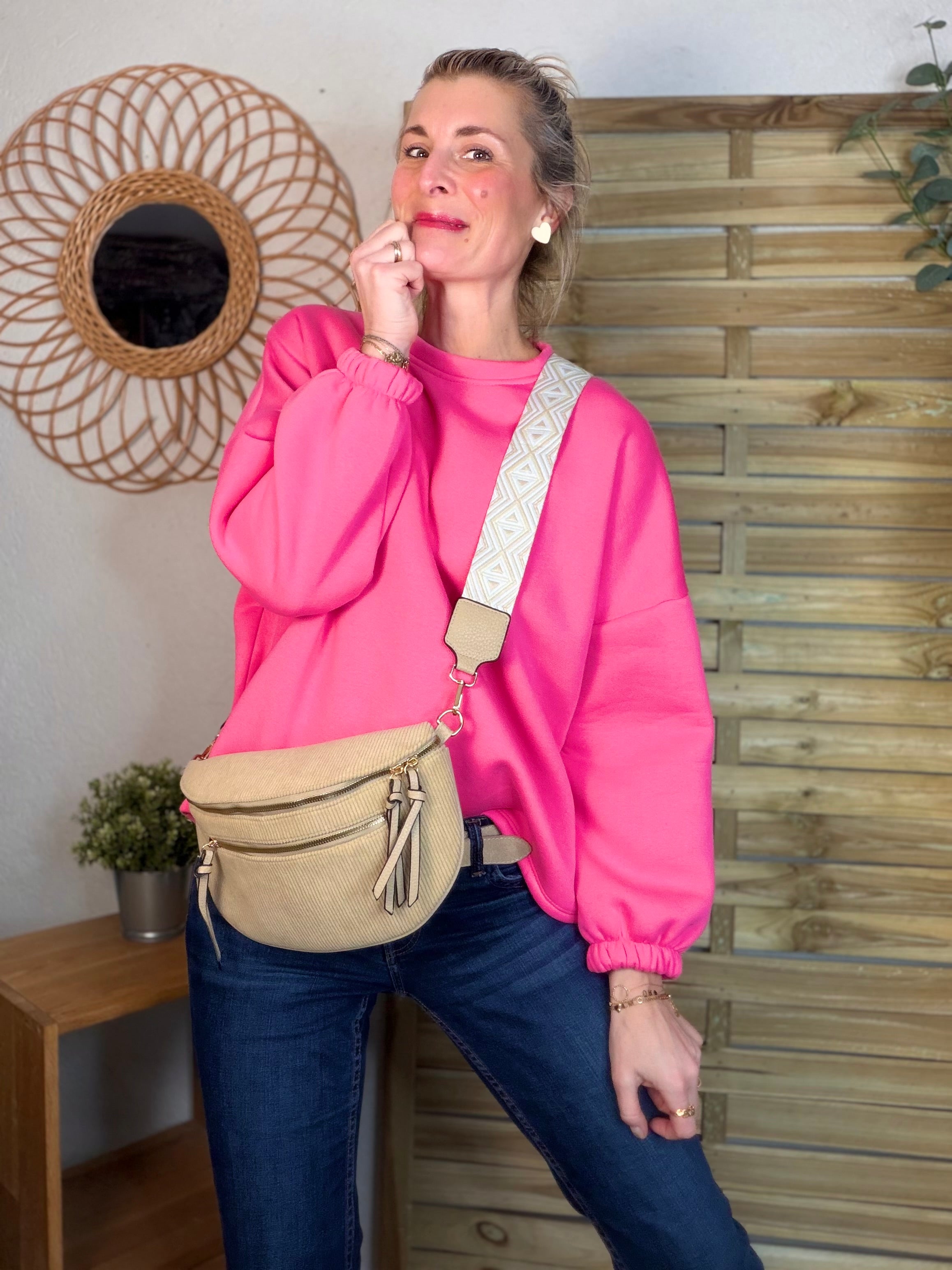 Sac banane en velours côtelé, sangle fantaisie - KATY - Camel clair