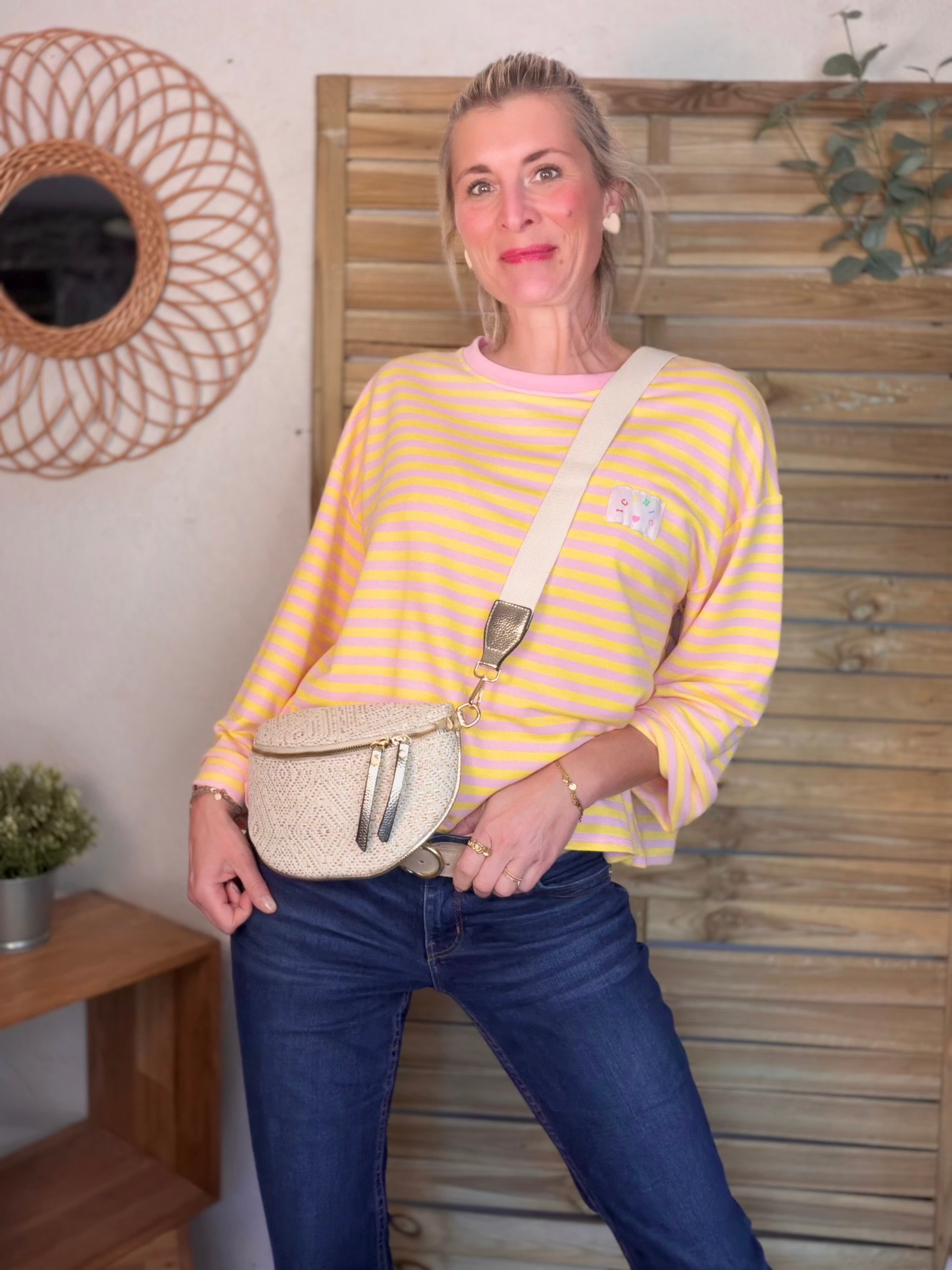 Sweat fin rayé ample Iconic CORALIE - Rose / Jaune