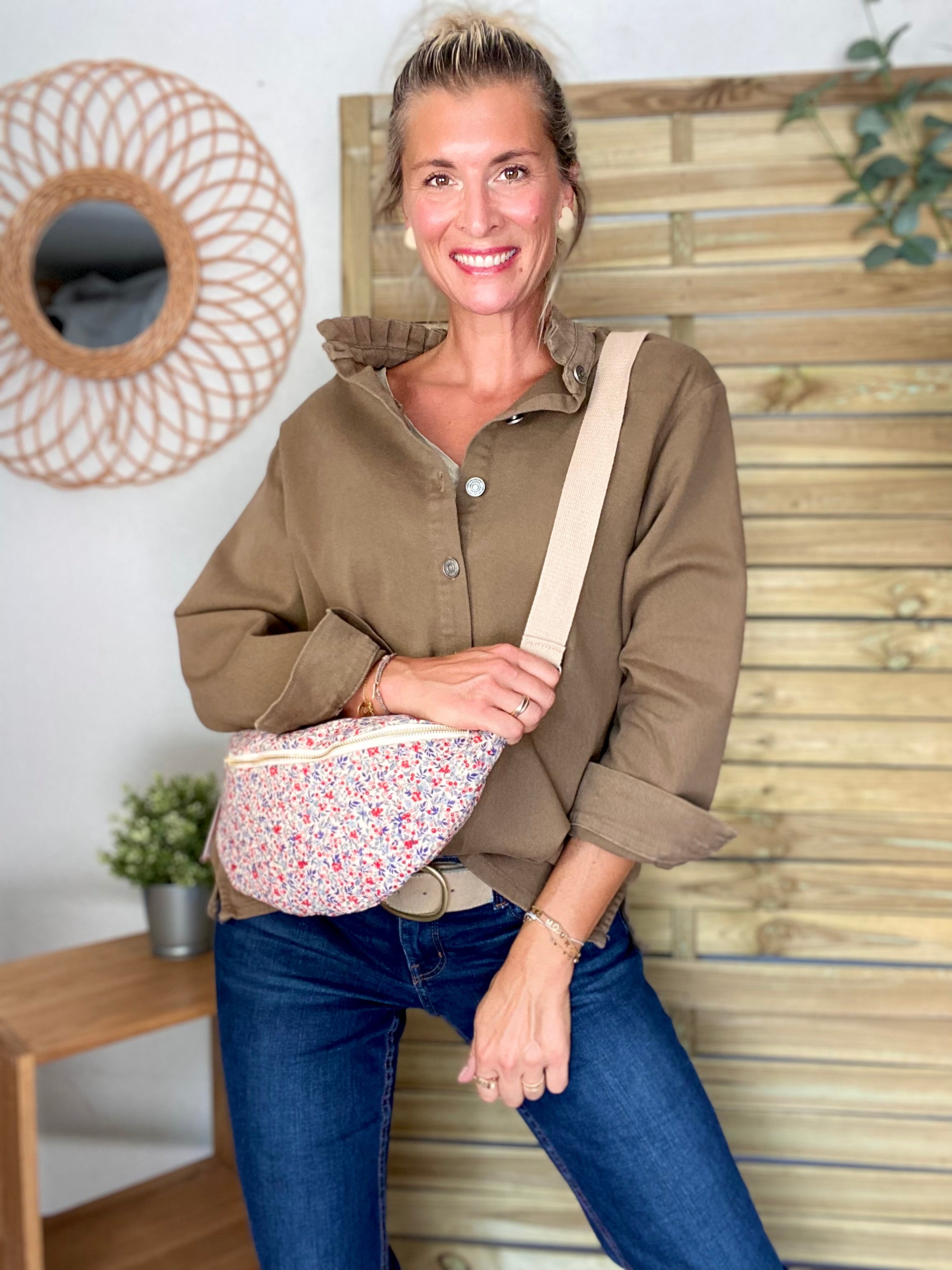 Veste / Chemise en coton, col volanté Camel foncé LISON