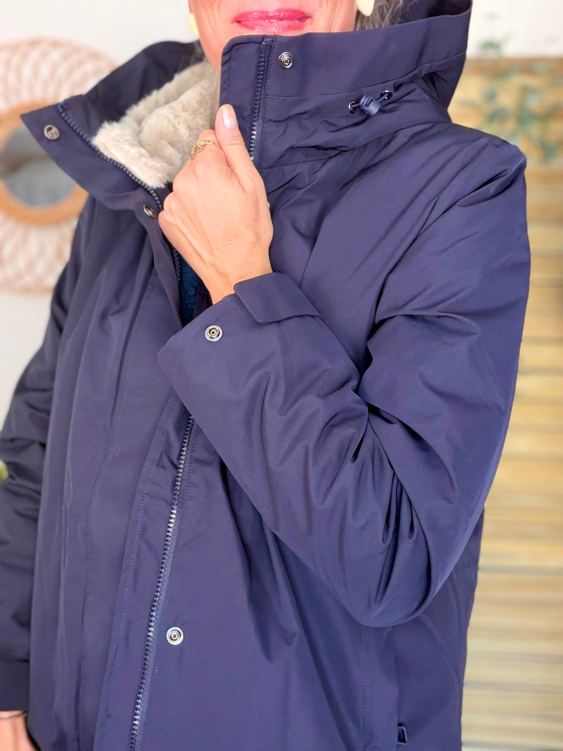 LAURA JO - Parka fourrée imperméable AMBRE MI-LONG - Bleu marine / Beige