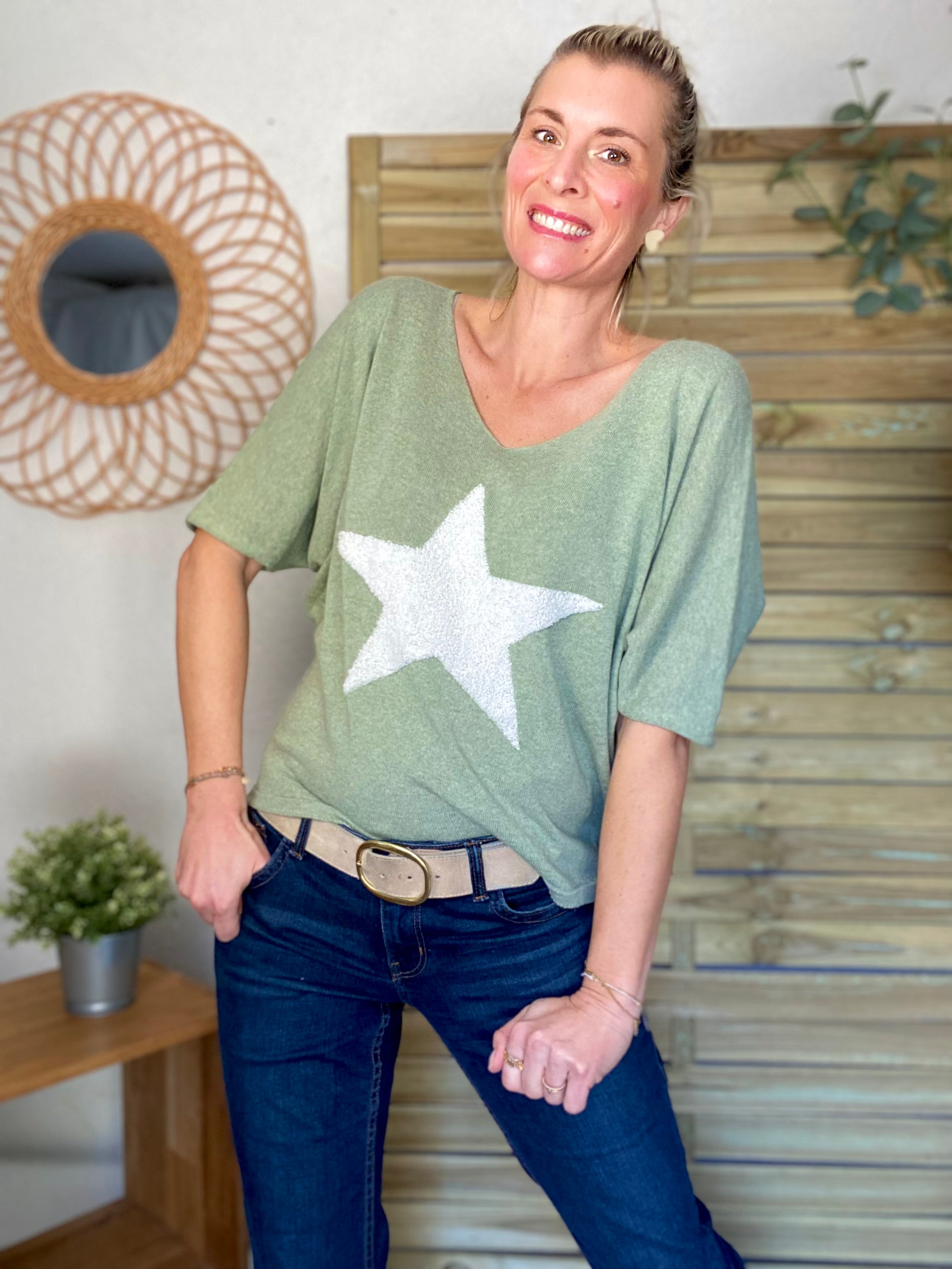 Pull fin Étoile ⭐️ col V PÉNÉLOPE - Vert sauge